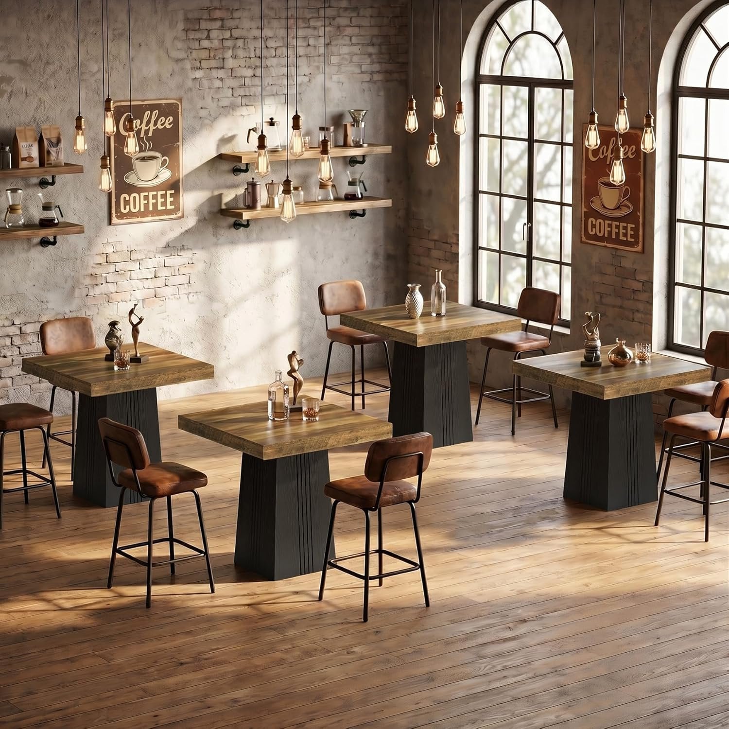 35.4" Square Bar Table, Modern Fluted Pub Table, Bar Height with Hollow Base