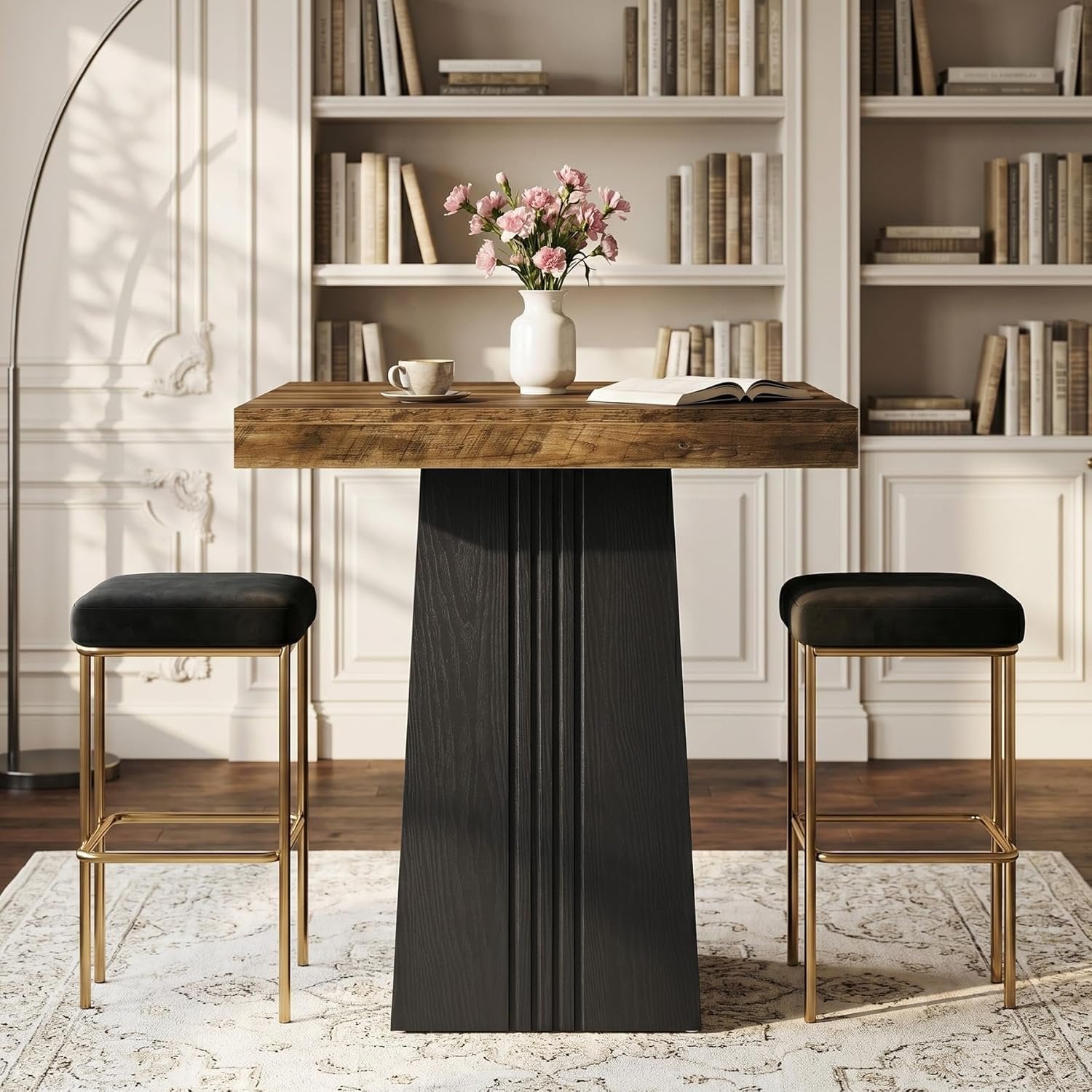 35.4" Square Bar Table, Modern Fluted Pub Table, Bar Height with Hollow Base