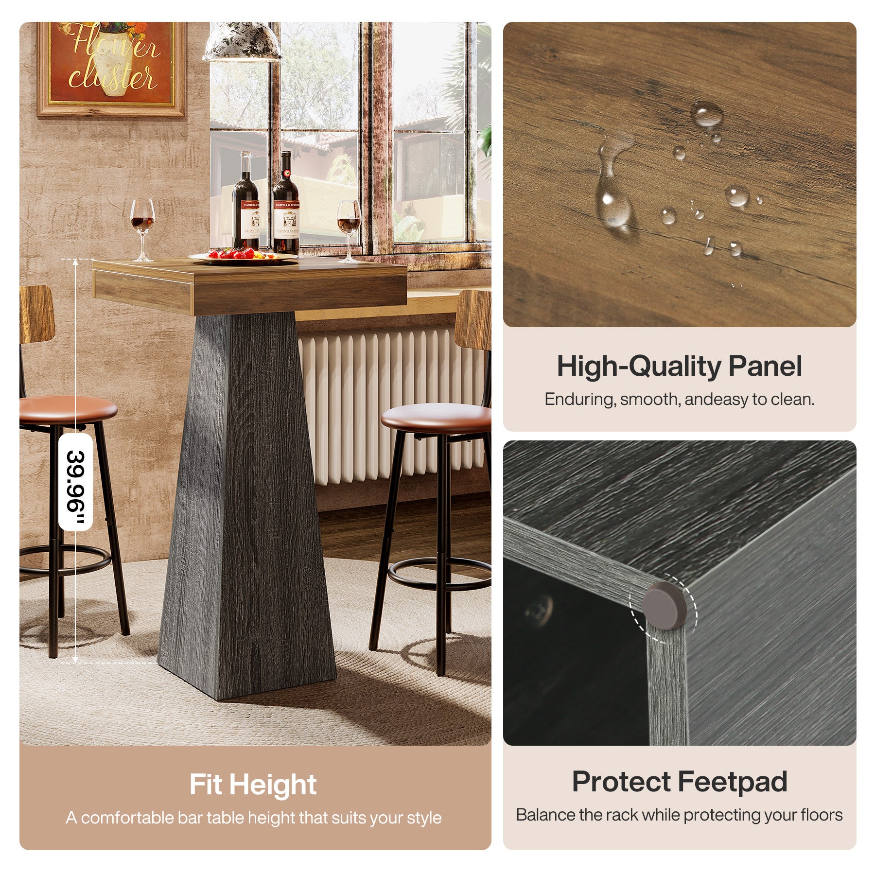 37.4" Bar Table, Square Pub Table Dining Room Table