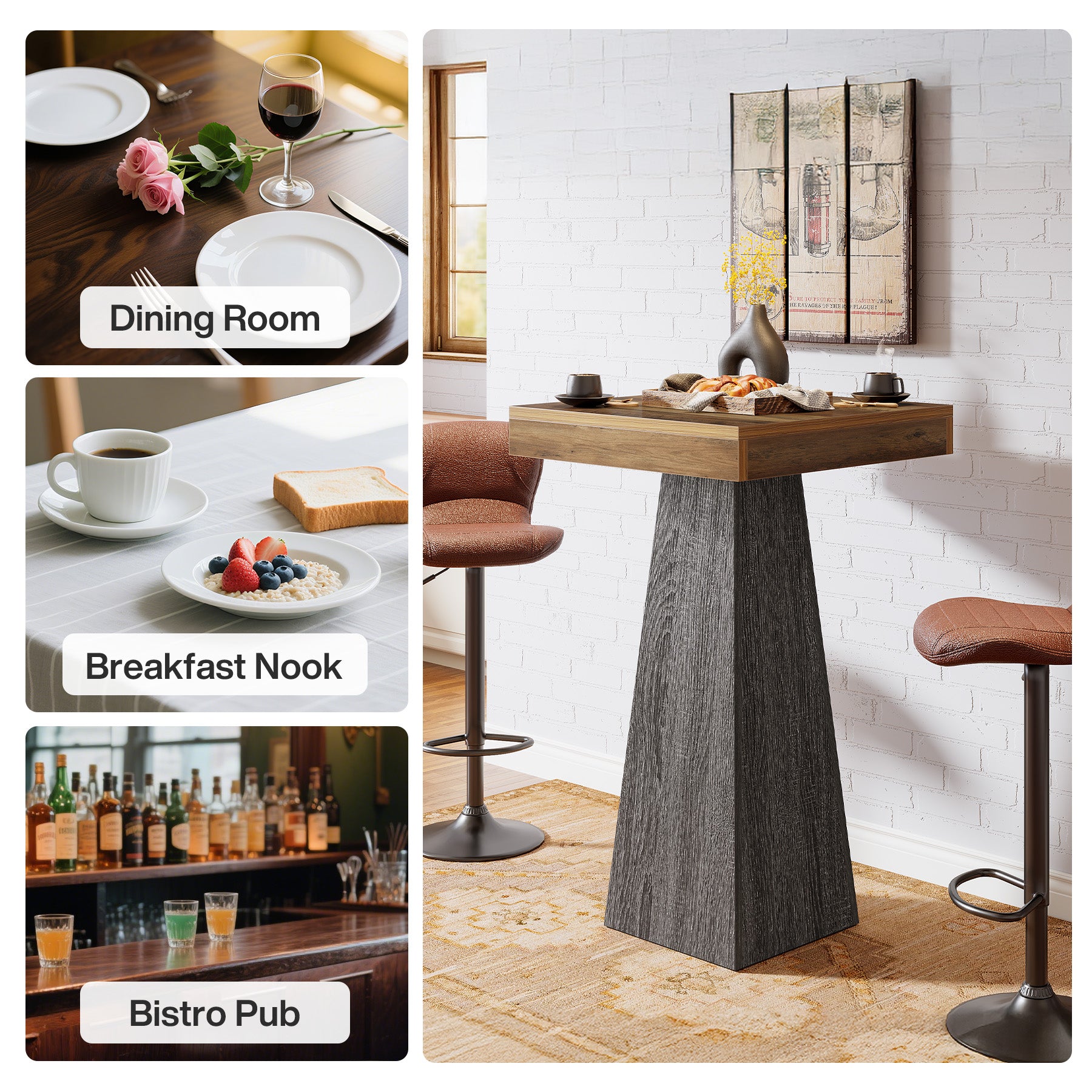 37.4" Bar Table, Square Pub Table Dining Room Table