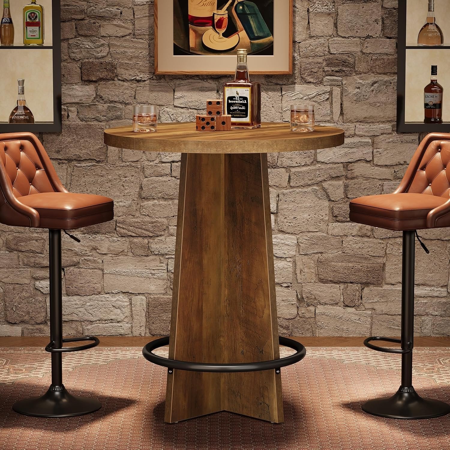 37.4" Bar Table, Wooden Bistro Pub Table with Metal Ring Footrest