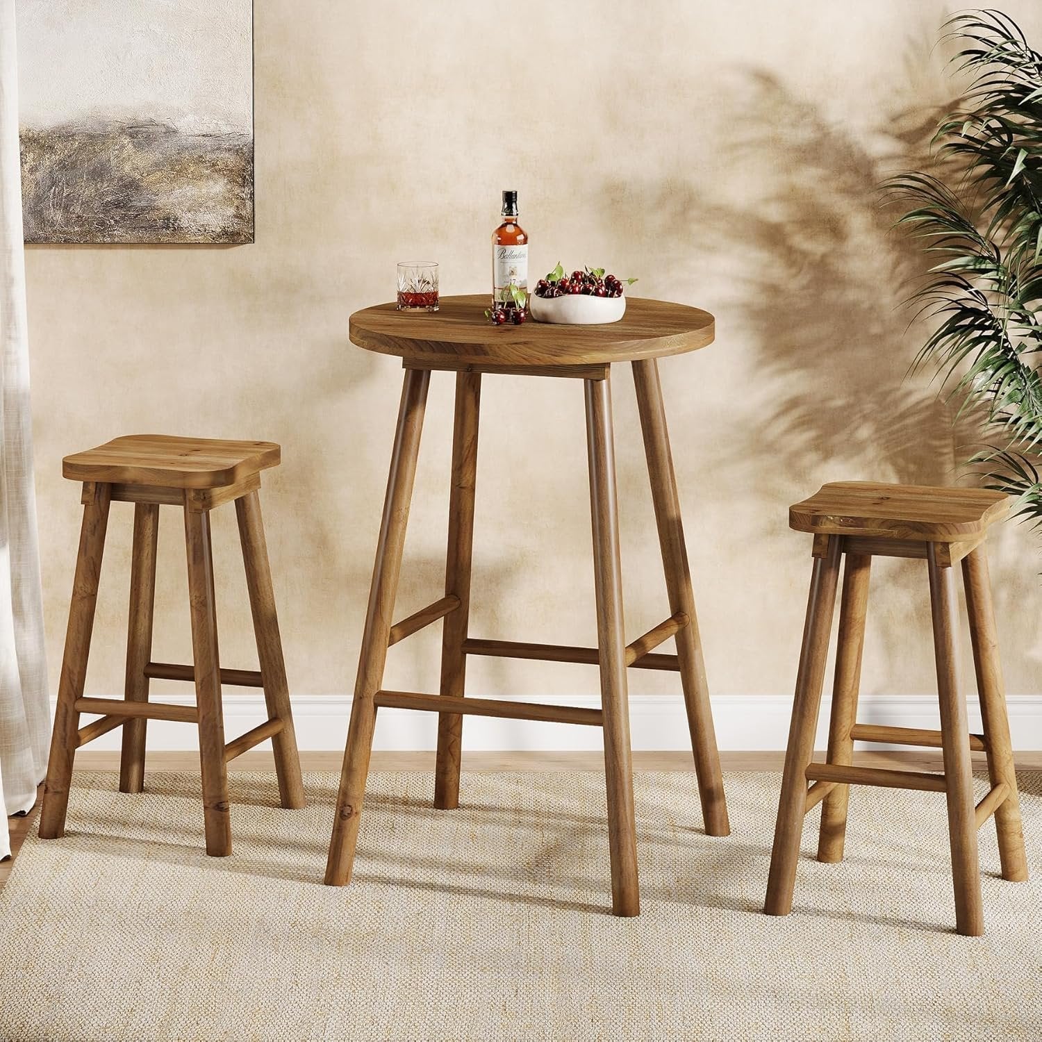 37.4" Round Bar Table, Solid Wood Bistro Sets Pub Table with 2 Barstools