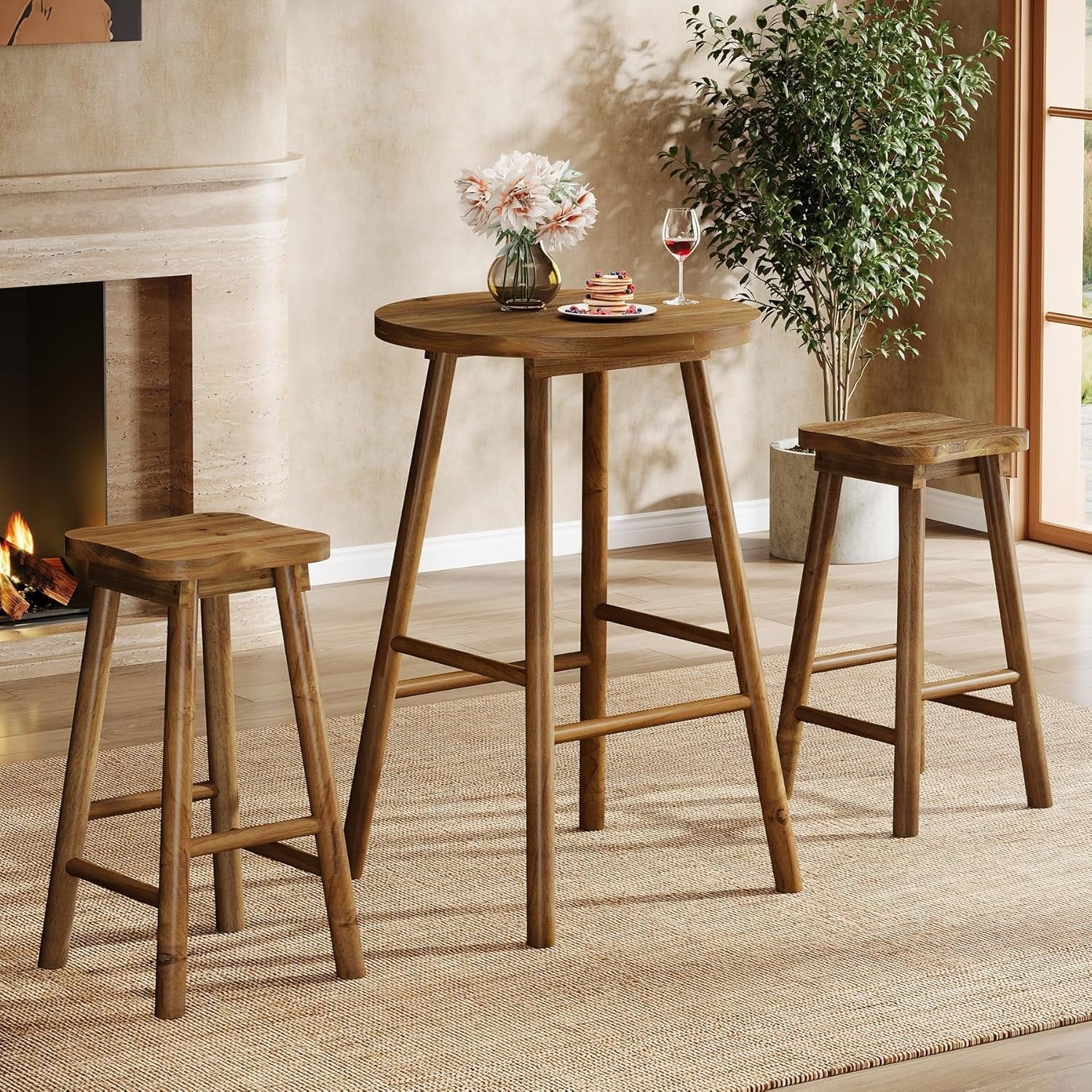 37.4" Round Bar Table, Solid Wood Bistro Sets Pub Table with 2 Barstools