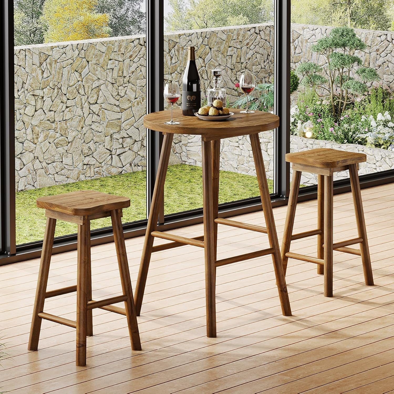 37.4" Round Bar Table, Solid Wood Bistro Sets Pub Table with 2 Barstools