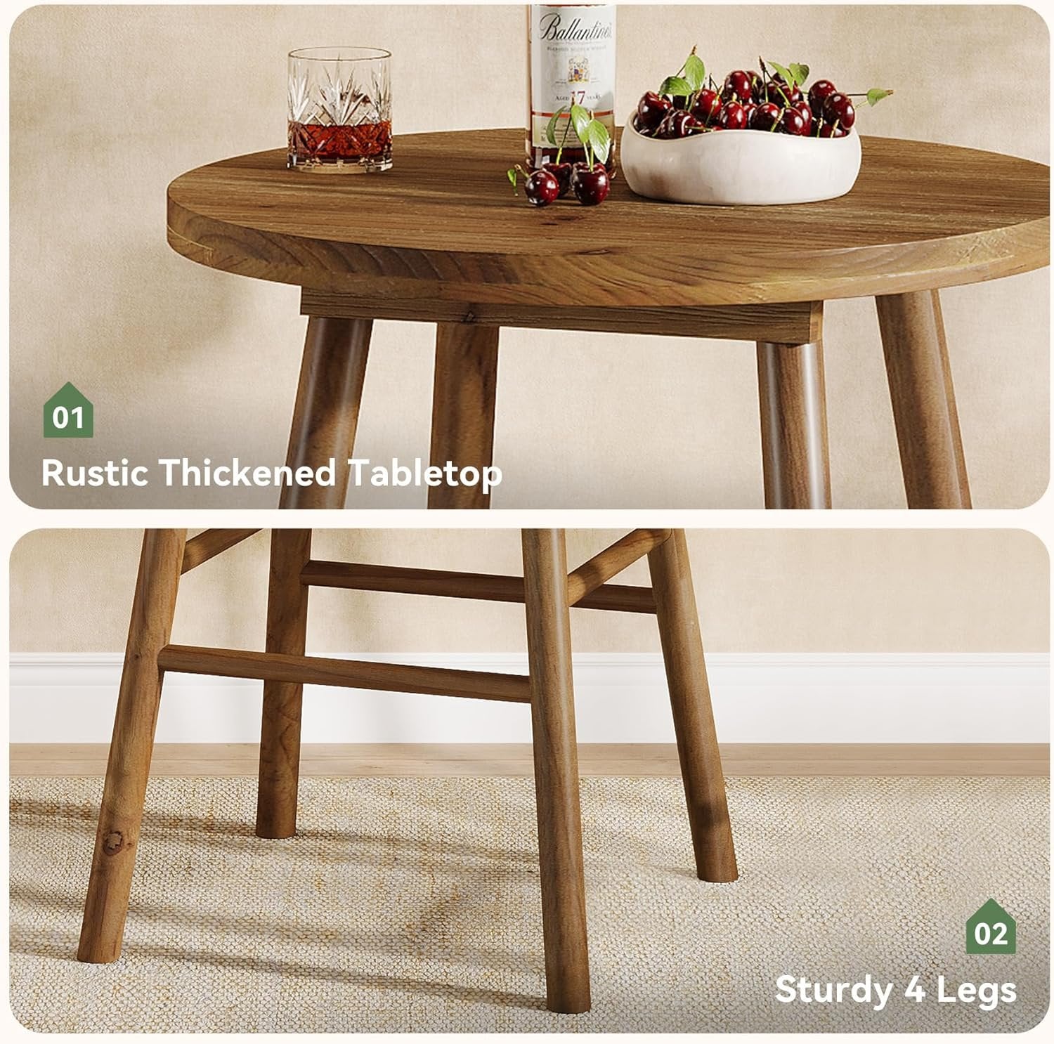 37.4" Round Bar Table, Solid Wood Bistro Sets Pub Table with 2 Barstools