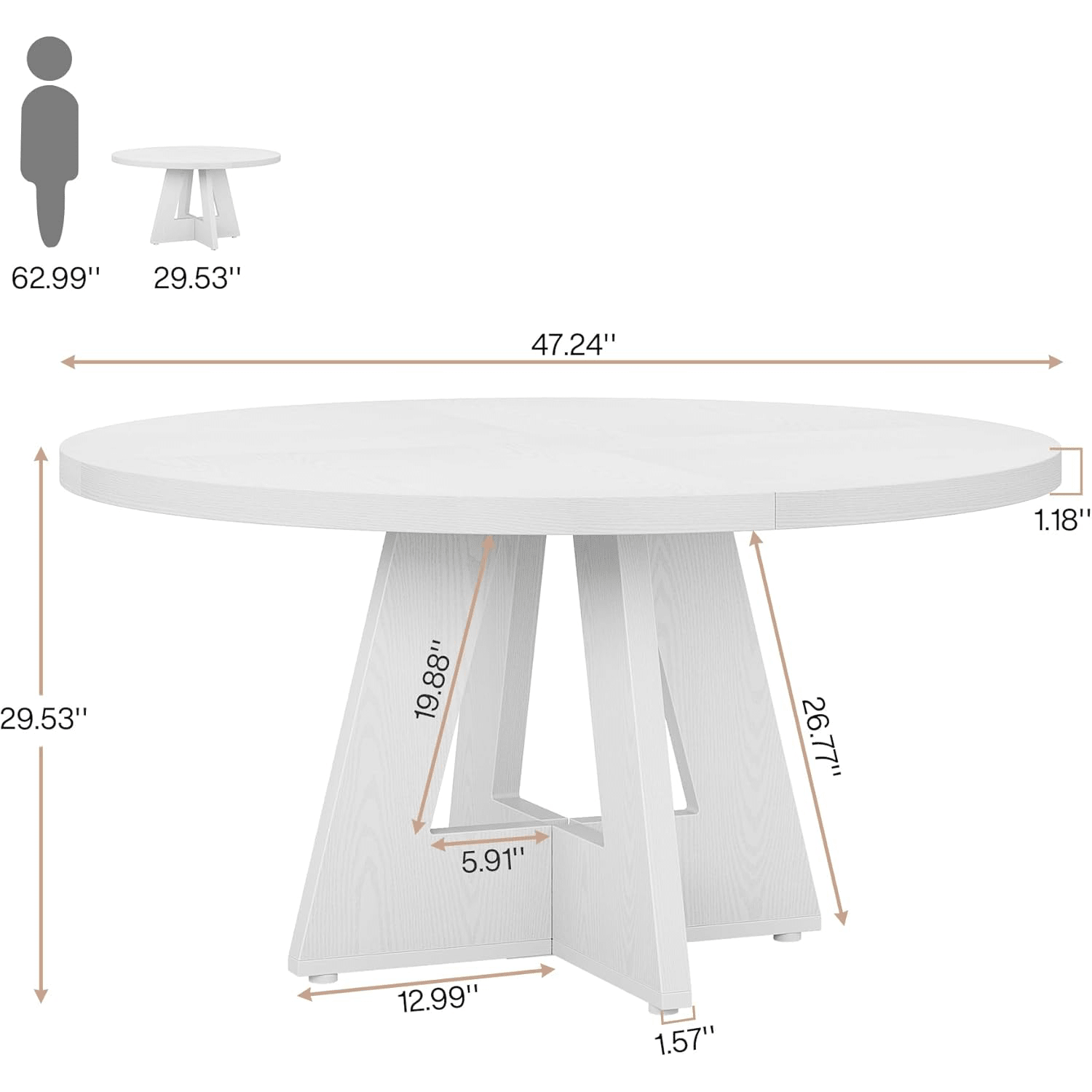 47-Inch Round Farmhouse Dining Table for 4–6 with Cross-Style Pedestal Base