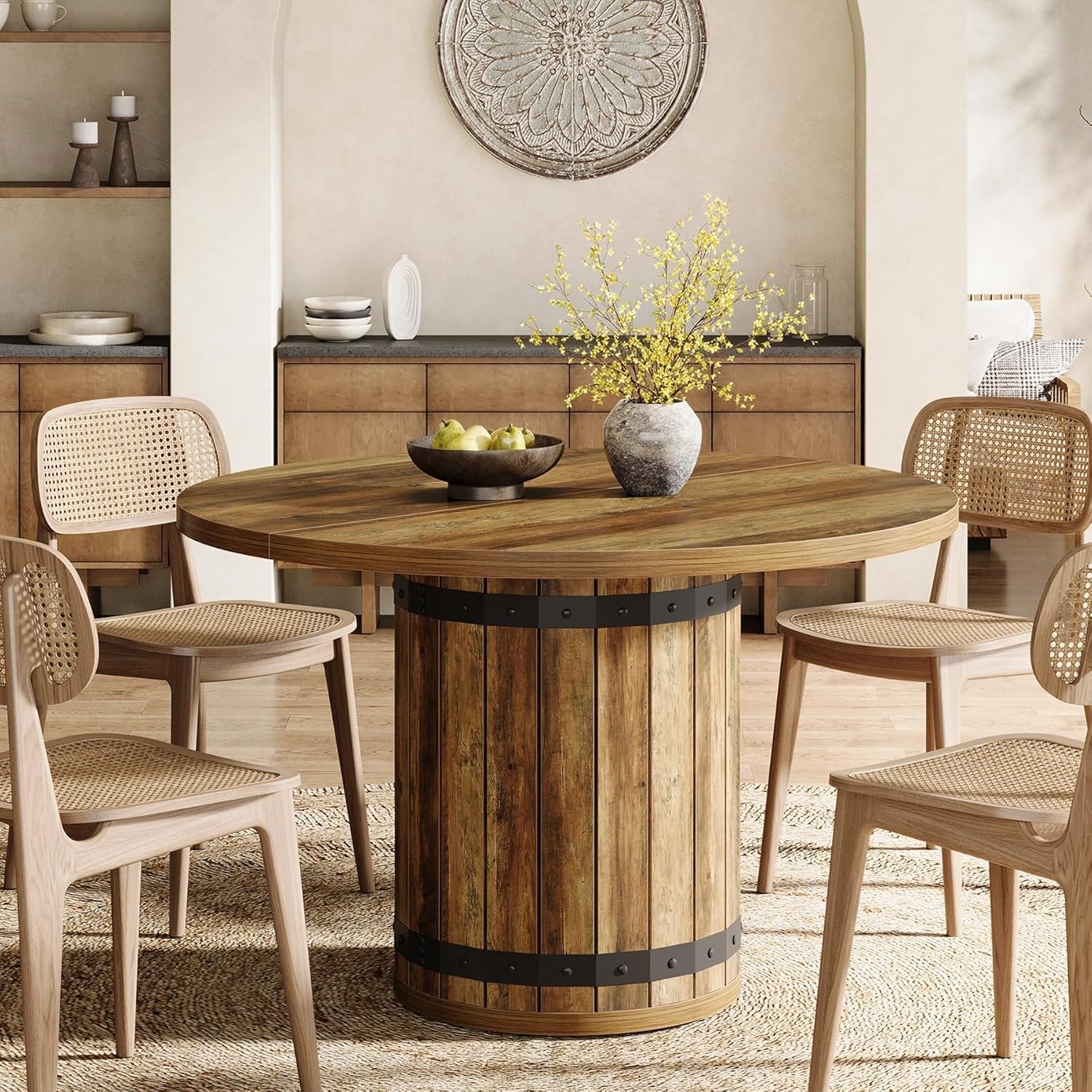 39.37" Dining Table, Round Kitchen Table with Fence Pedestal Base for 4 People