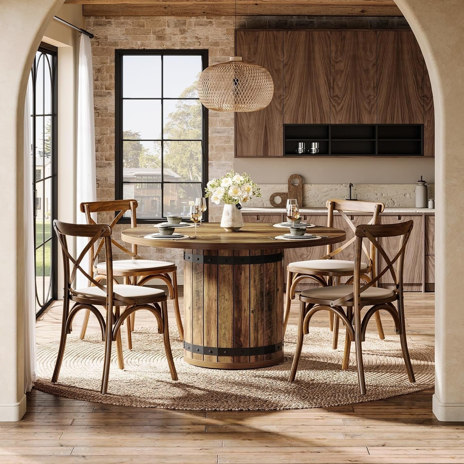 39.37" Dining Table, Round Kitchen Table with Fence Pedestal Base for 4 People