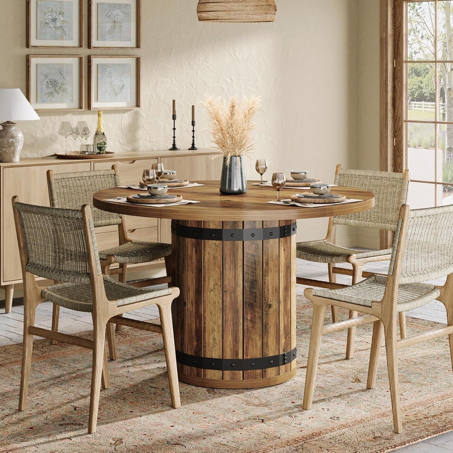 39.37" Dining Table, Round Kitchen Table with Fence Pedestal Base for 4 People