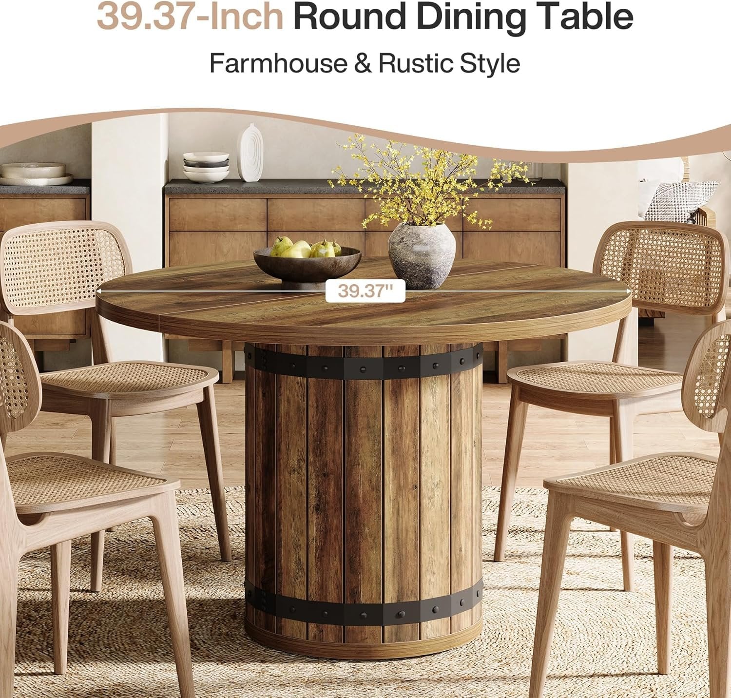39.37" Dining Table, Round Kitchen Table with Fence Pedestal Base for 4 People