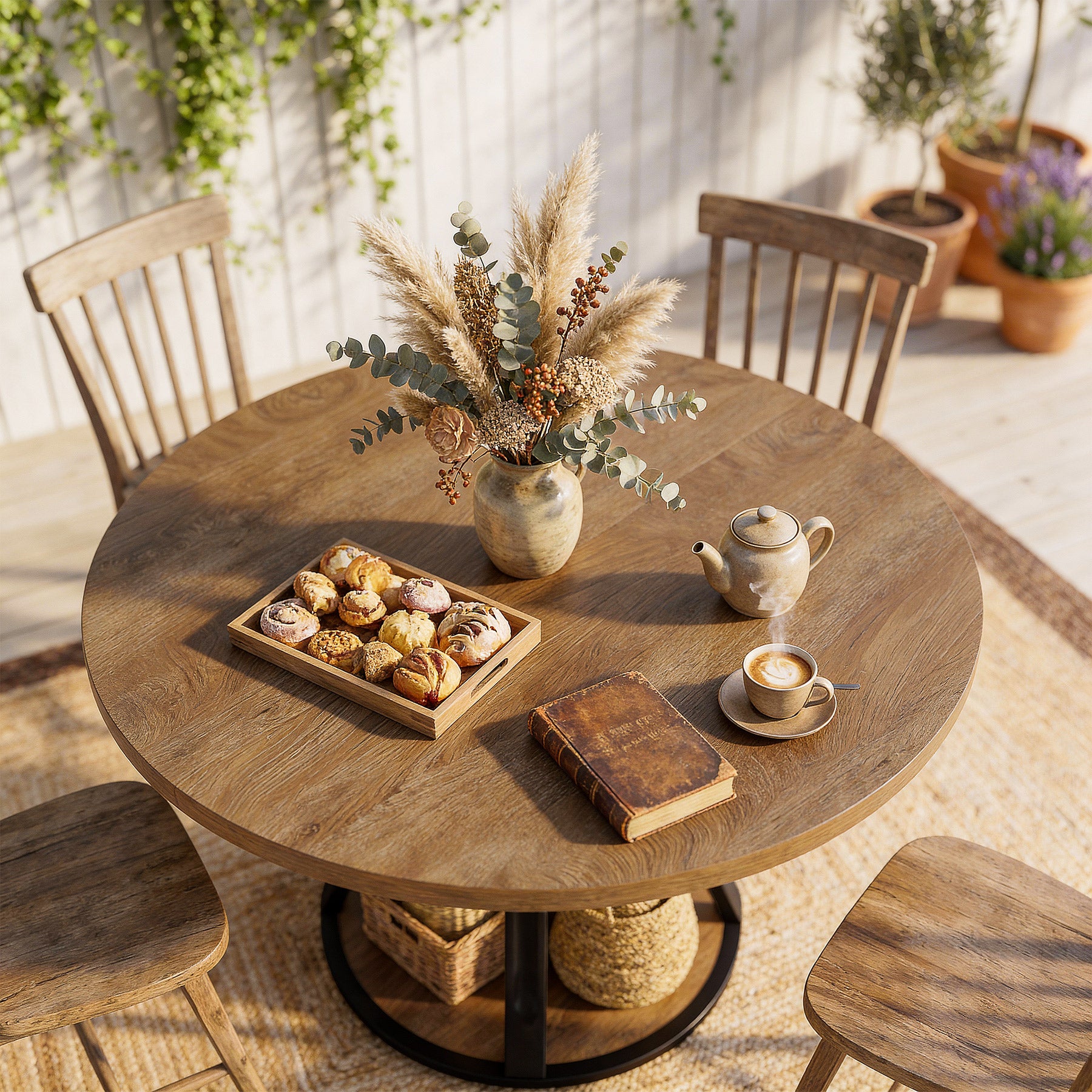 39.37" Round Dining Table, Farmhouse Kitchen Table with Storage for 4 People