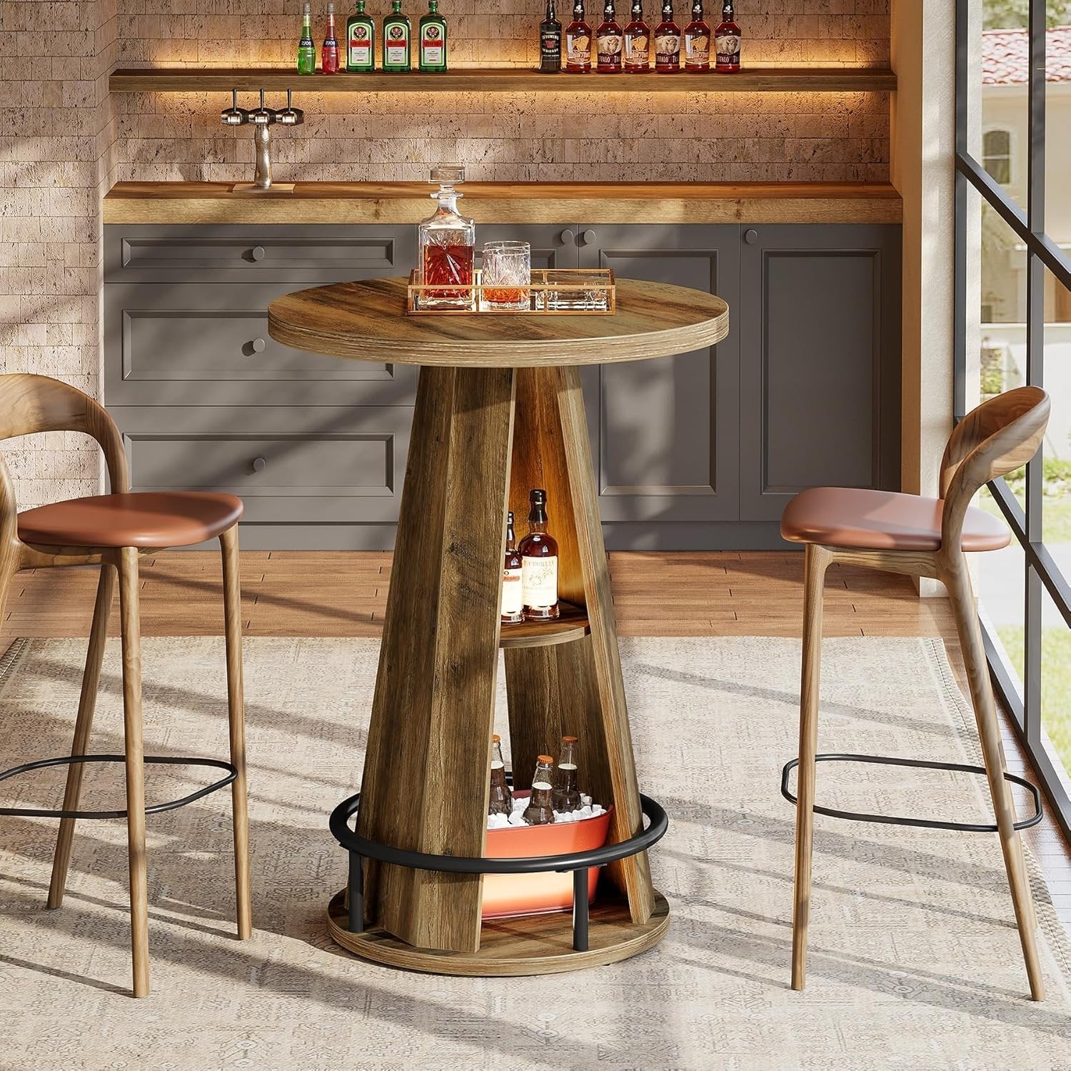 39.4" Bar Table, 3-Tier High Top Bistro Table Cocktail Pub Tables with Metal Footrest