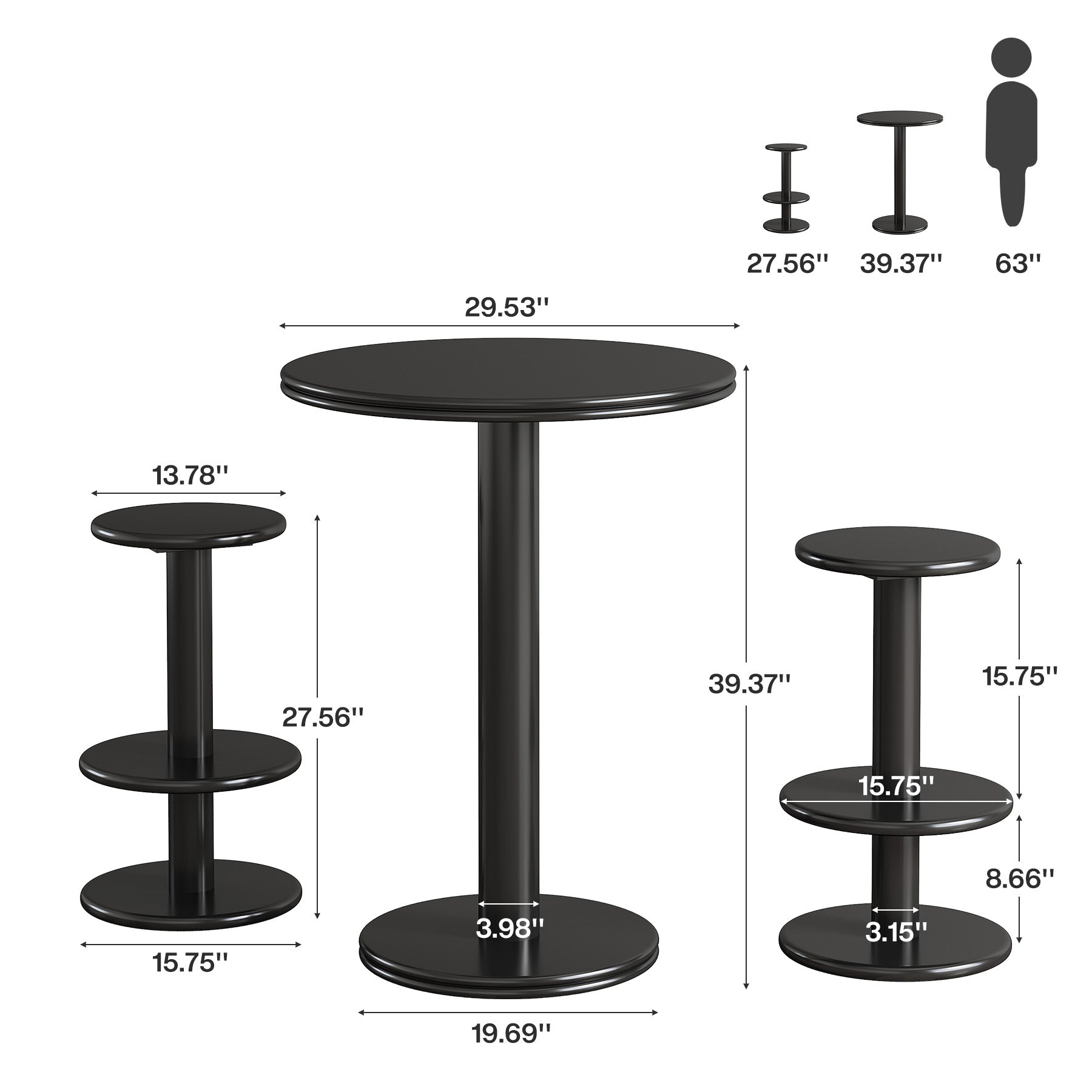 39.4" Bar Table, Modern Bistro Pub Table Cocktail Table with 2 Barstools