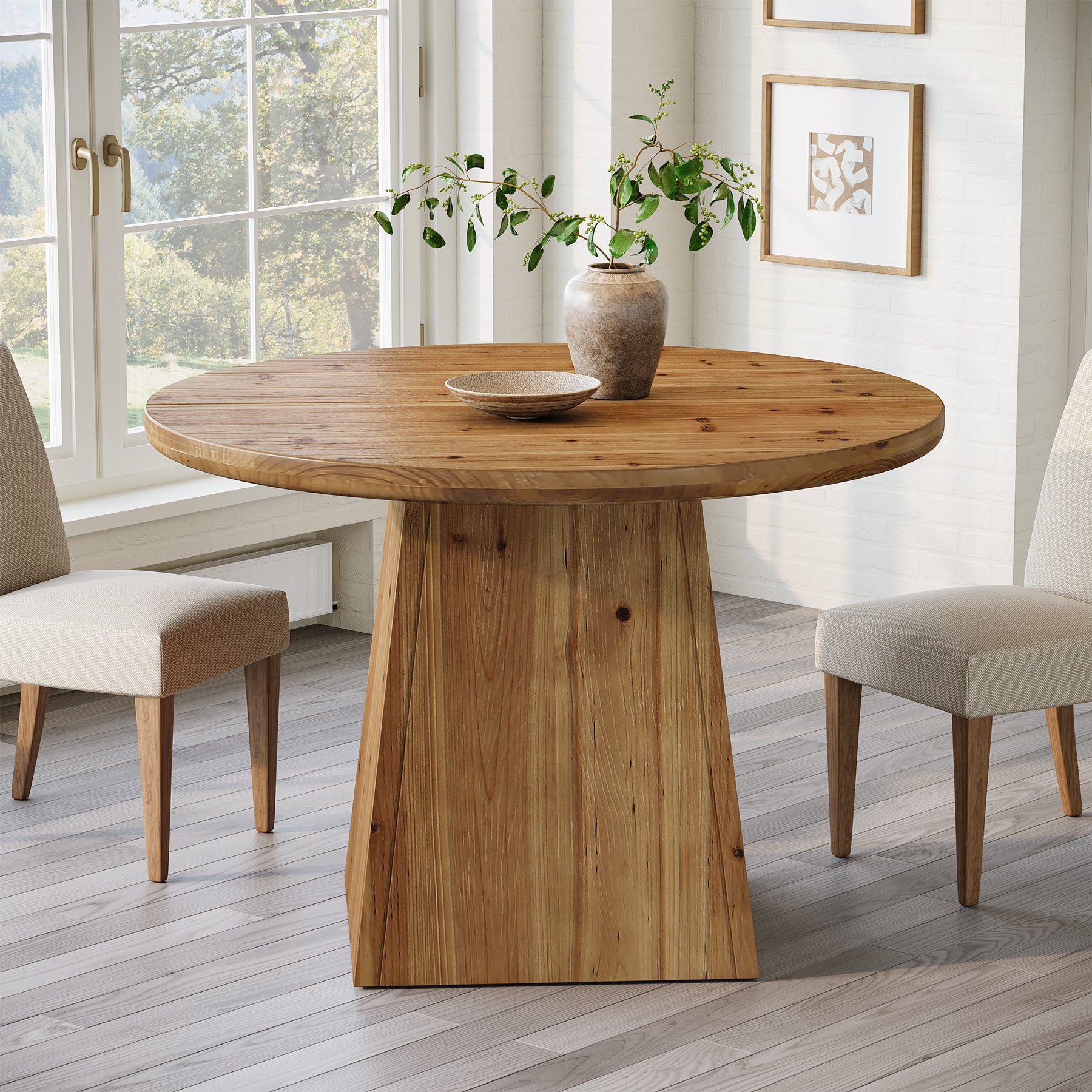 39.4" Round Dining Table, Solid Wood Kitchen Table with Sturdy Pedestal Base for 4