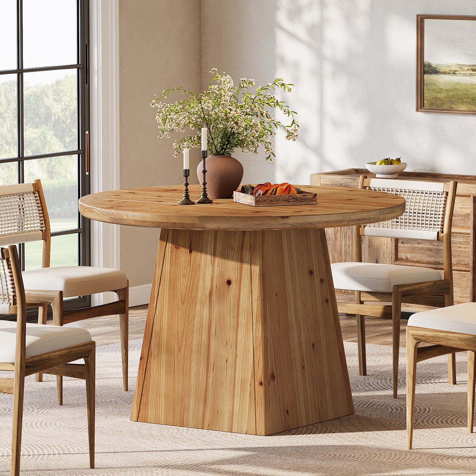 39.4" Round Dining Table, Solid Wood Kitchen Table with Sturdy Pedestal Base for 4