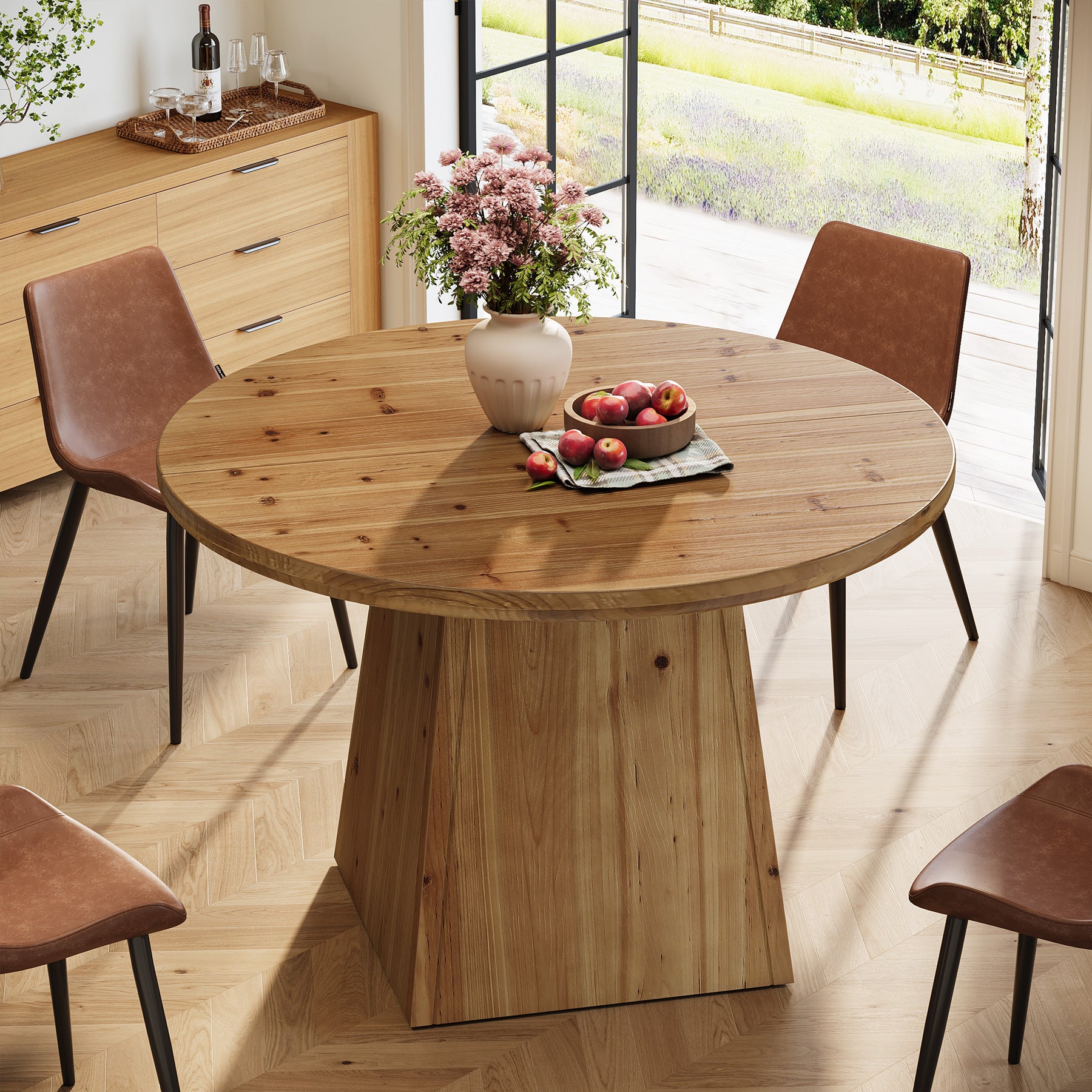 39.4" Round Dining Table, Solid Wood Kitchen Table with Sturdy Pedestal Base for 4