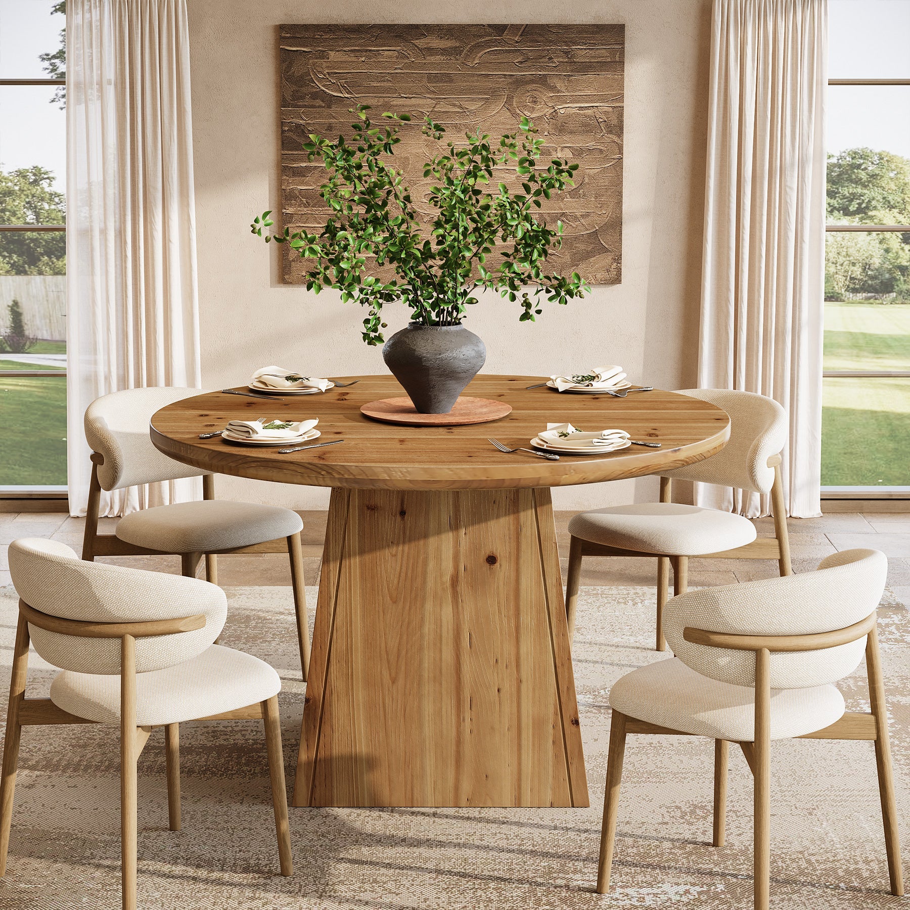 39.4" Round Dining Table, Solid Wood Kitchen Table with Sturdy Pedestal Base for 4