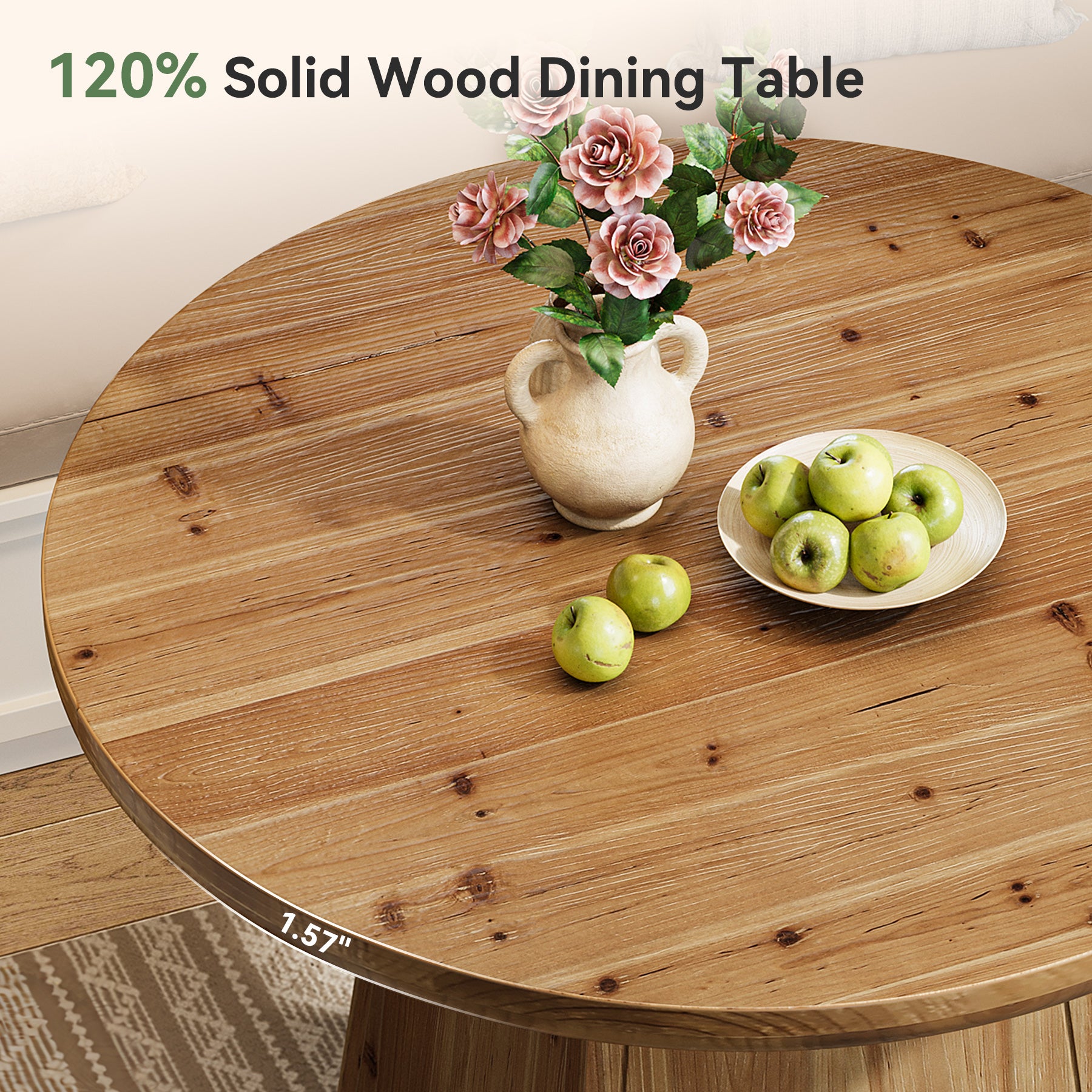 39.4" Round Dining Table, Solid Wood Kitchen Table with Sturdy Pedestal Base for 4