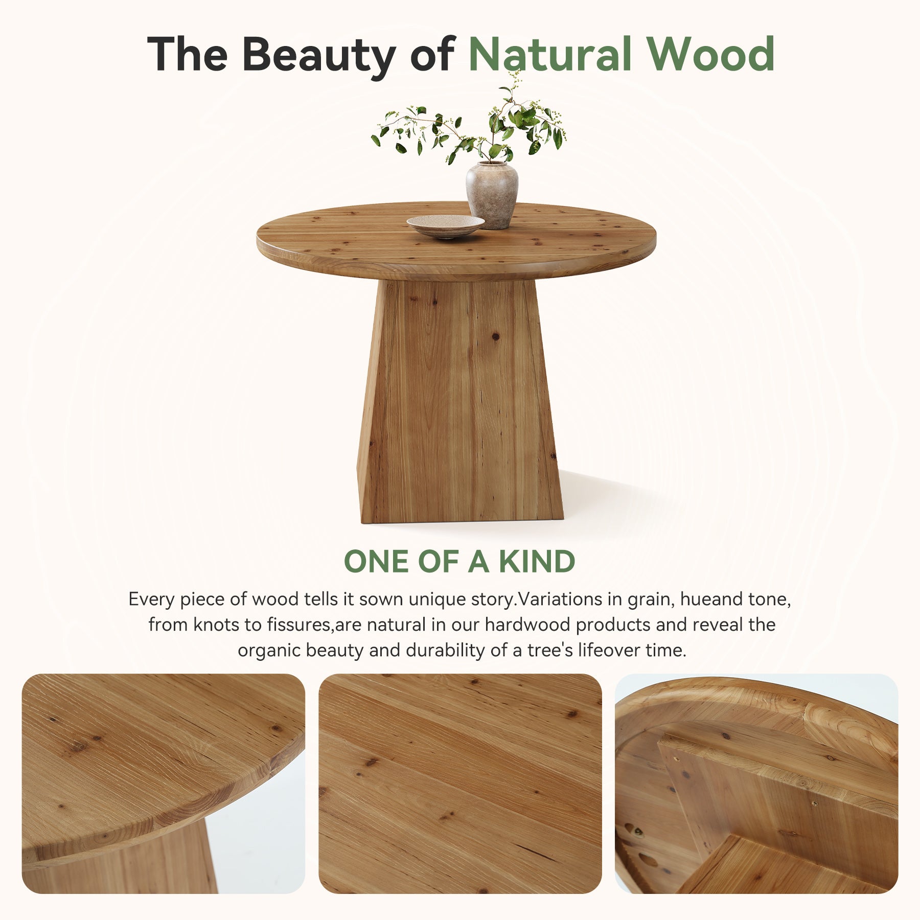39.4" Round Dining Table, Solid Wood Kitchen Table with Sturdy Pedestal Base for 4