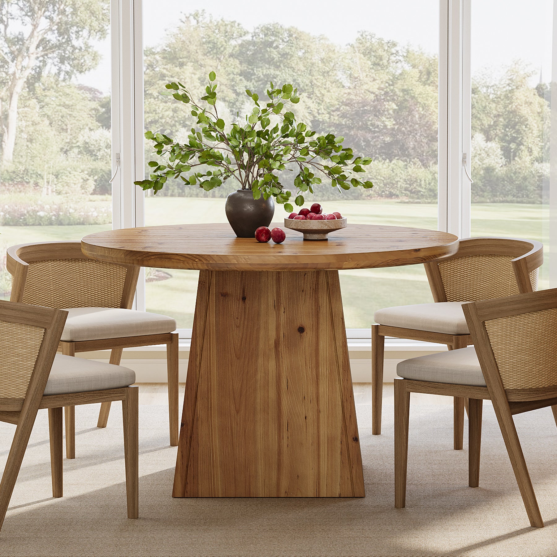39.4" Round Dining Table, Solid Wood Kitchen Table with Sturdy Pedestal Base for 4
