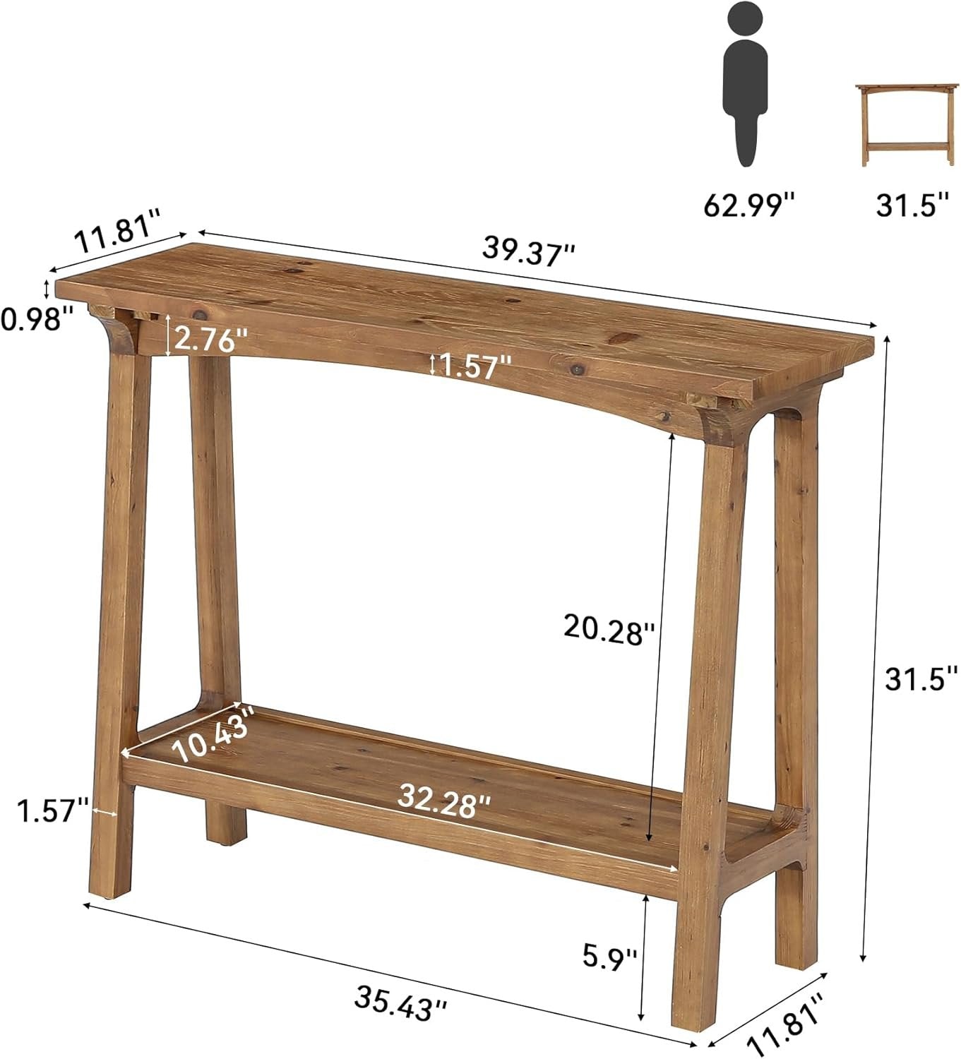 39.4” Small Entryway Table, 2-Tier Solid Wood Console Table for Living Room