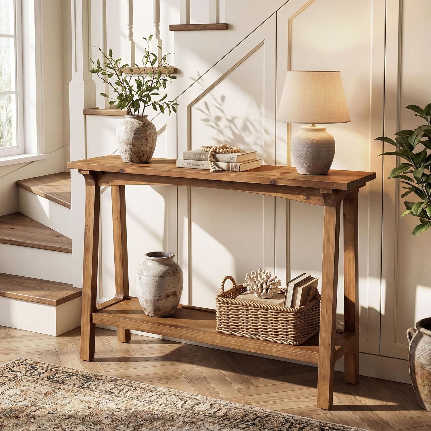 39.4” Small Entryway Table, 2-Tier Solid Wood Console Table for Living Room