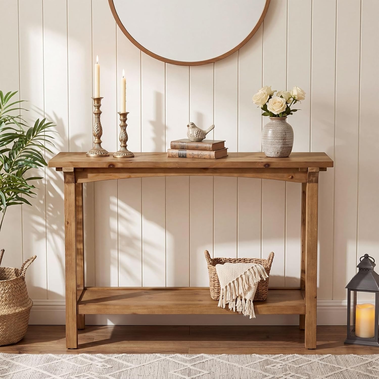 39.4” Small Entryway Table, 2-Tier Solid Wood Console Table for Living Room