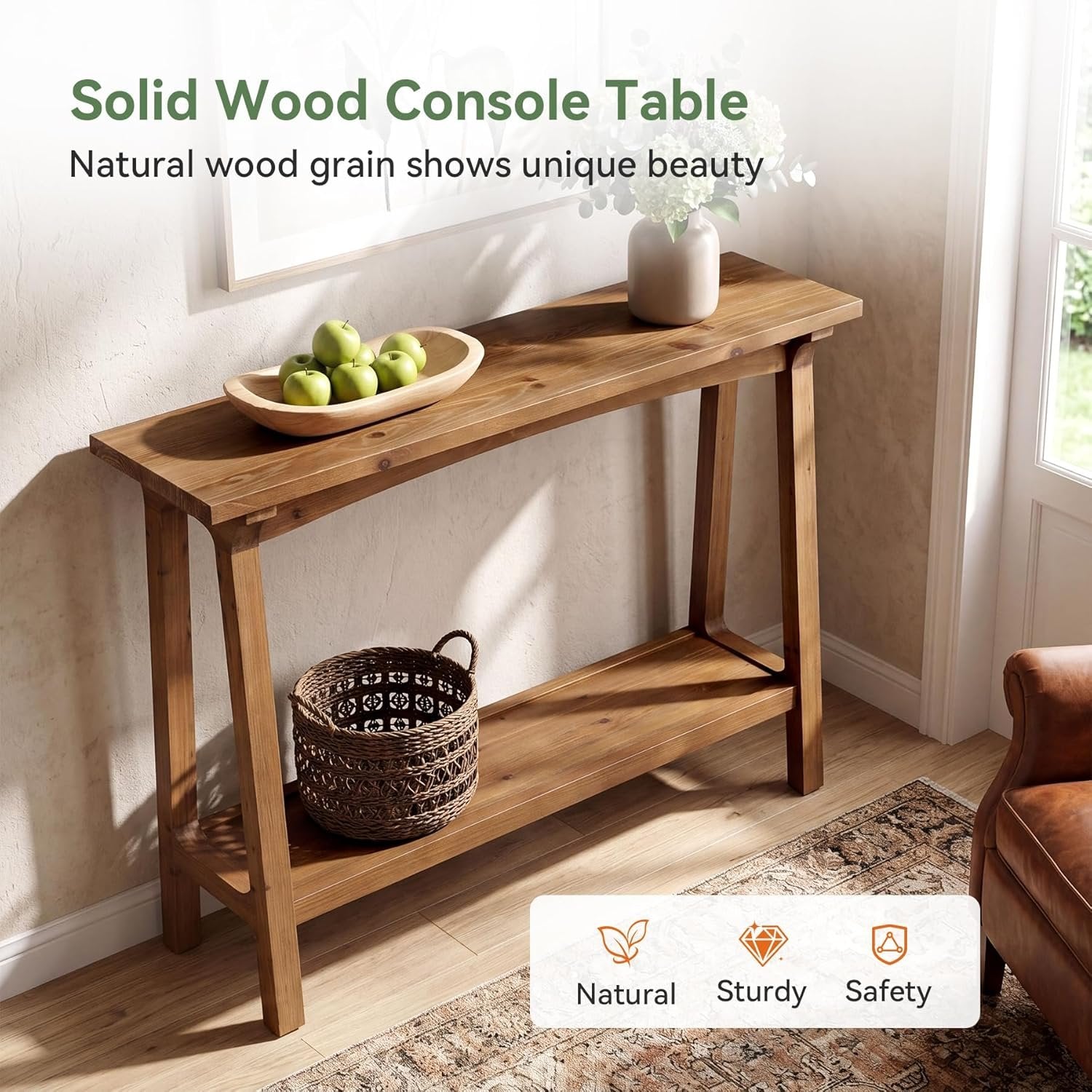 39.4” Small Entryway Table, 2-Tier Solid Wood Console Table for Living Room