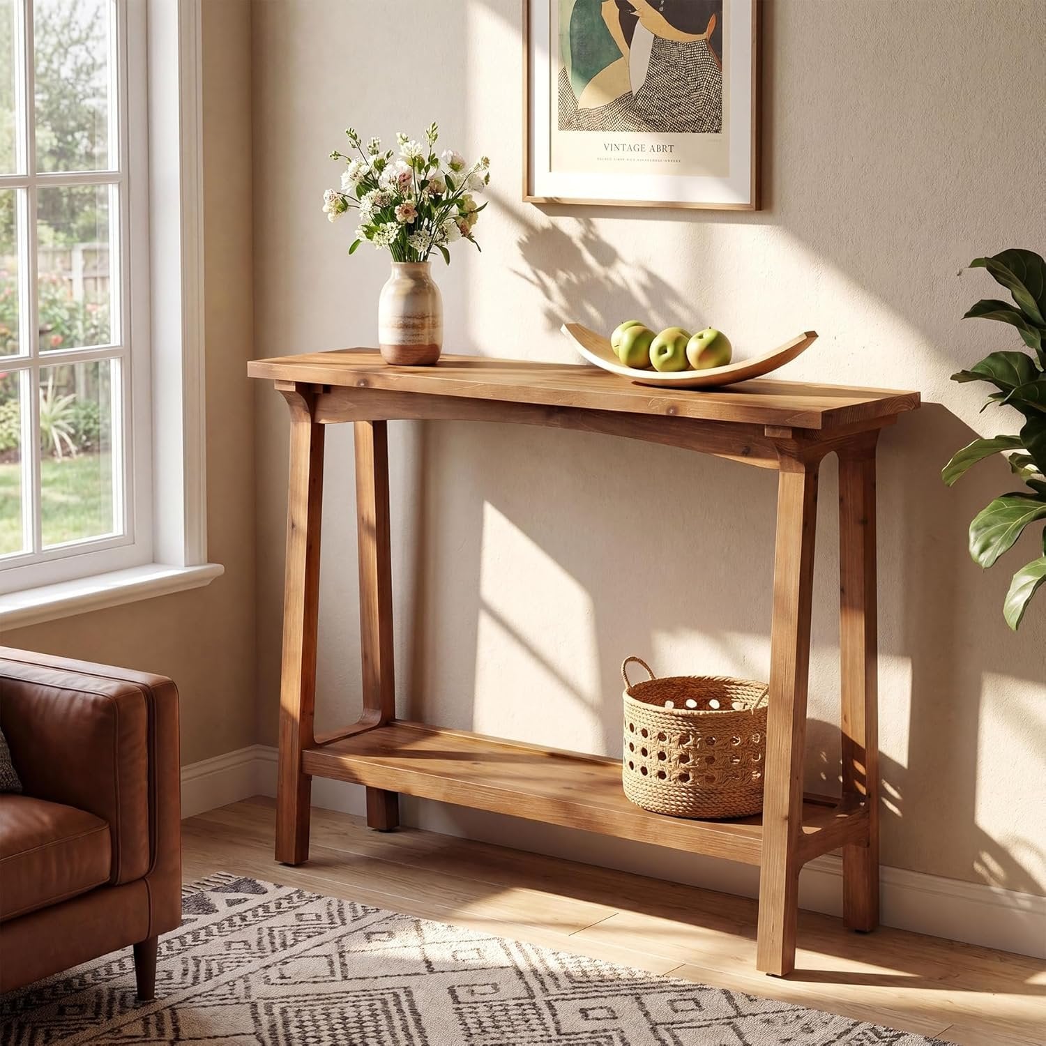 39.4” Small Entryway Table, 2-Tier Solid Wood Console Table for Living Room