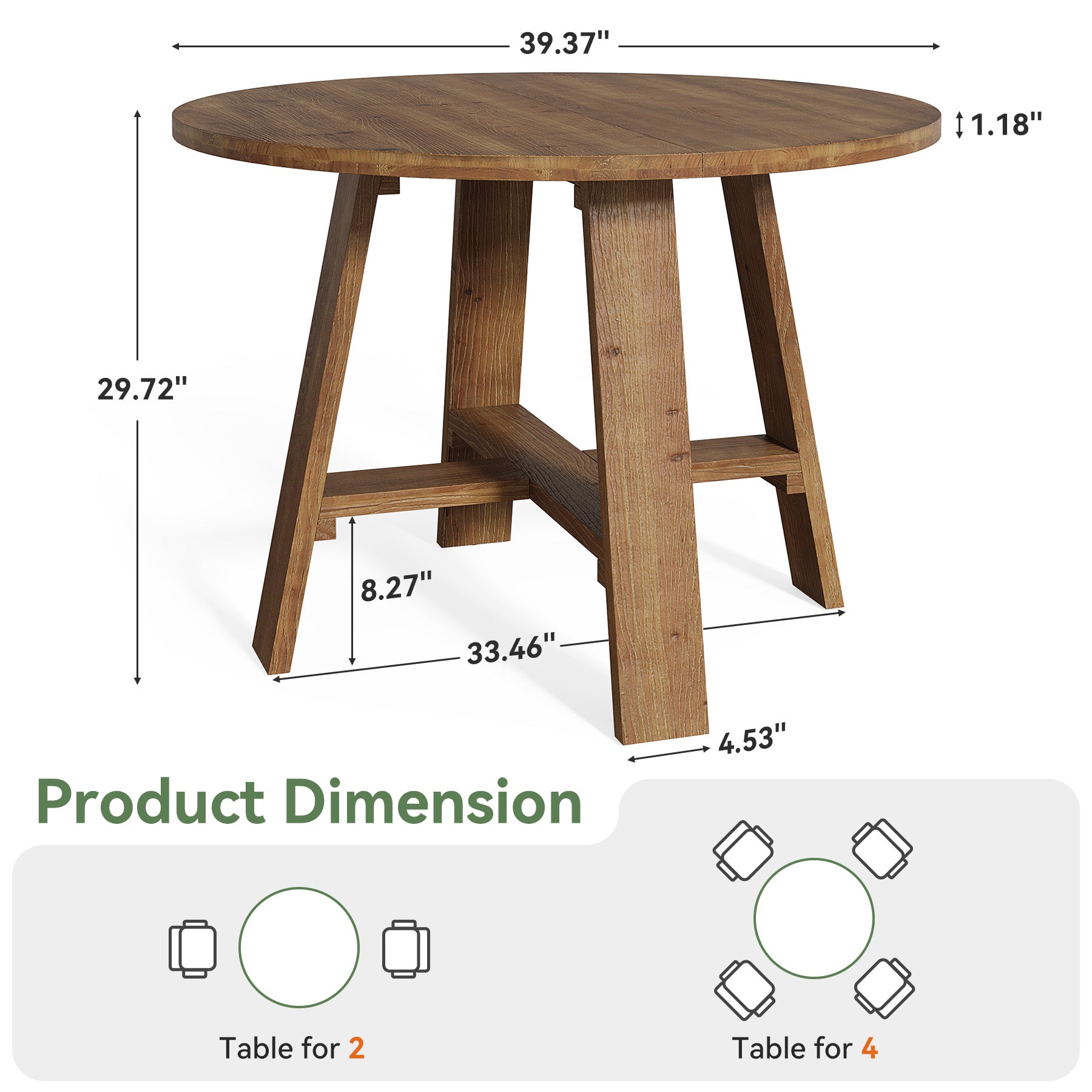 39.4" Solid Wood Dining Table, Round Kitchen Table for 2–4 People