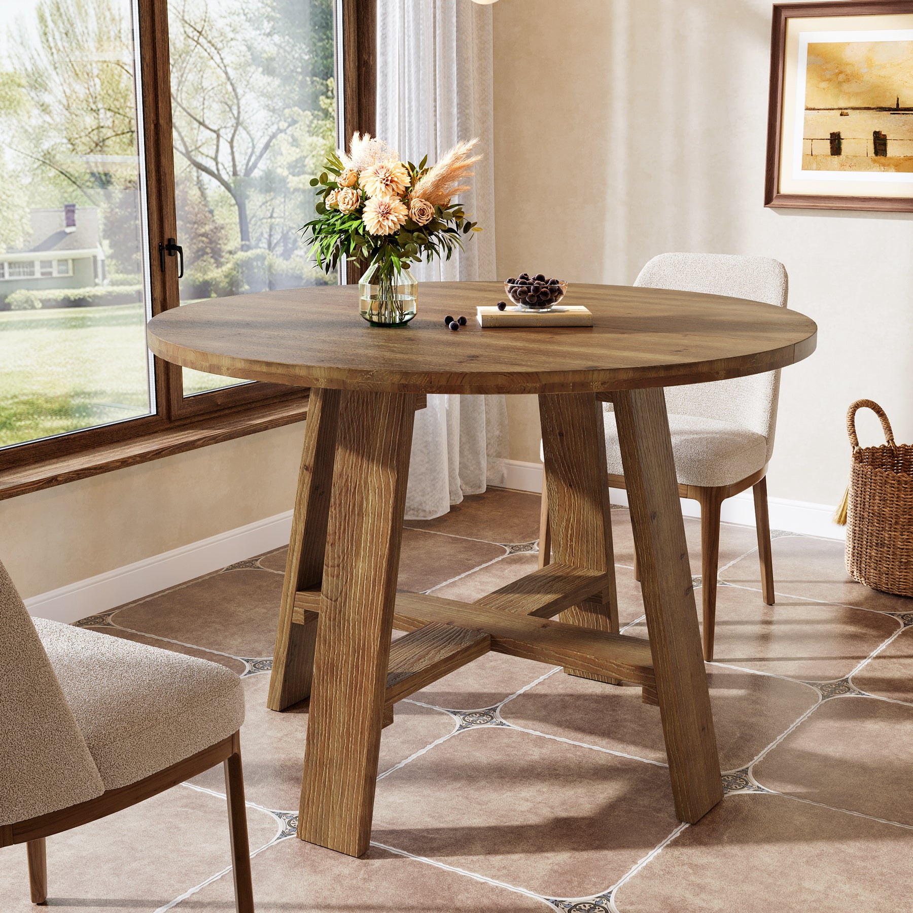 39.4" Solid Wood Dining Table, Round Kitchen Table for 2–4 People