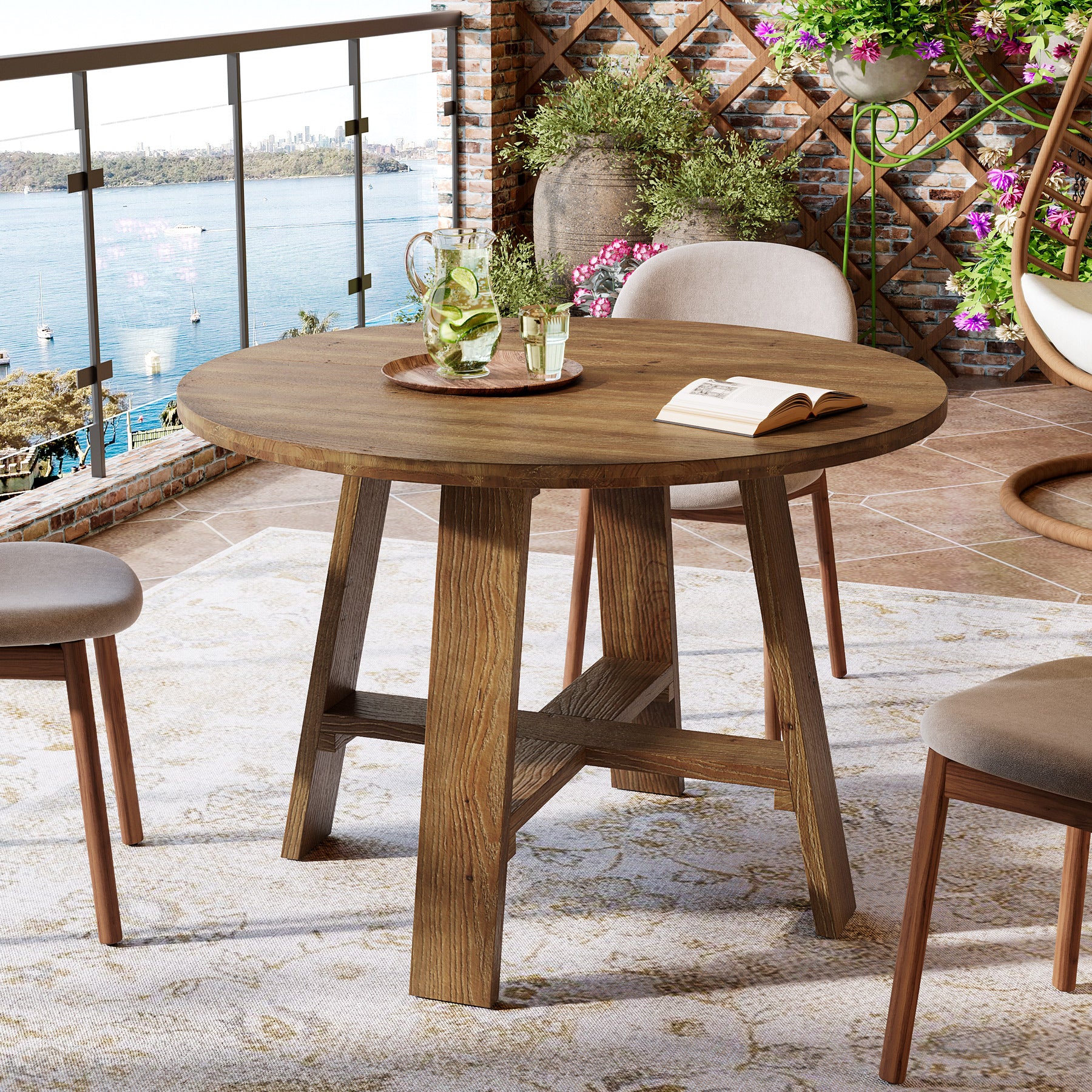 39.4" Solid Wood Dining Table, Round Kitchen Table for 2–4 People