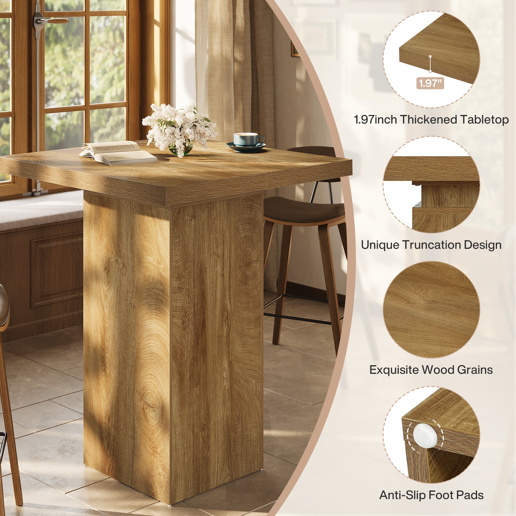 39.4" Square Bar Table, High Top Bistro Pub Cocktail Table Dining Table