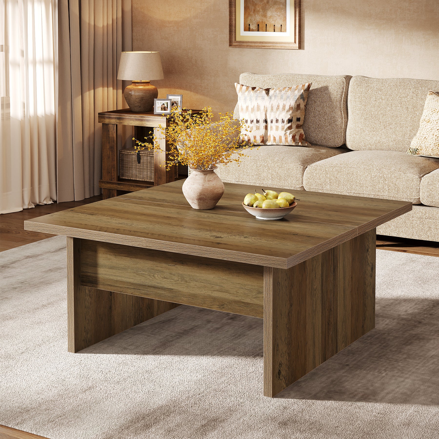 39.4" Square Coffee Table, Farmhouse Cocktail Tea Center Table for Living Room