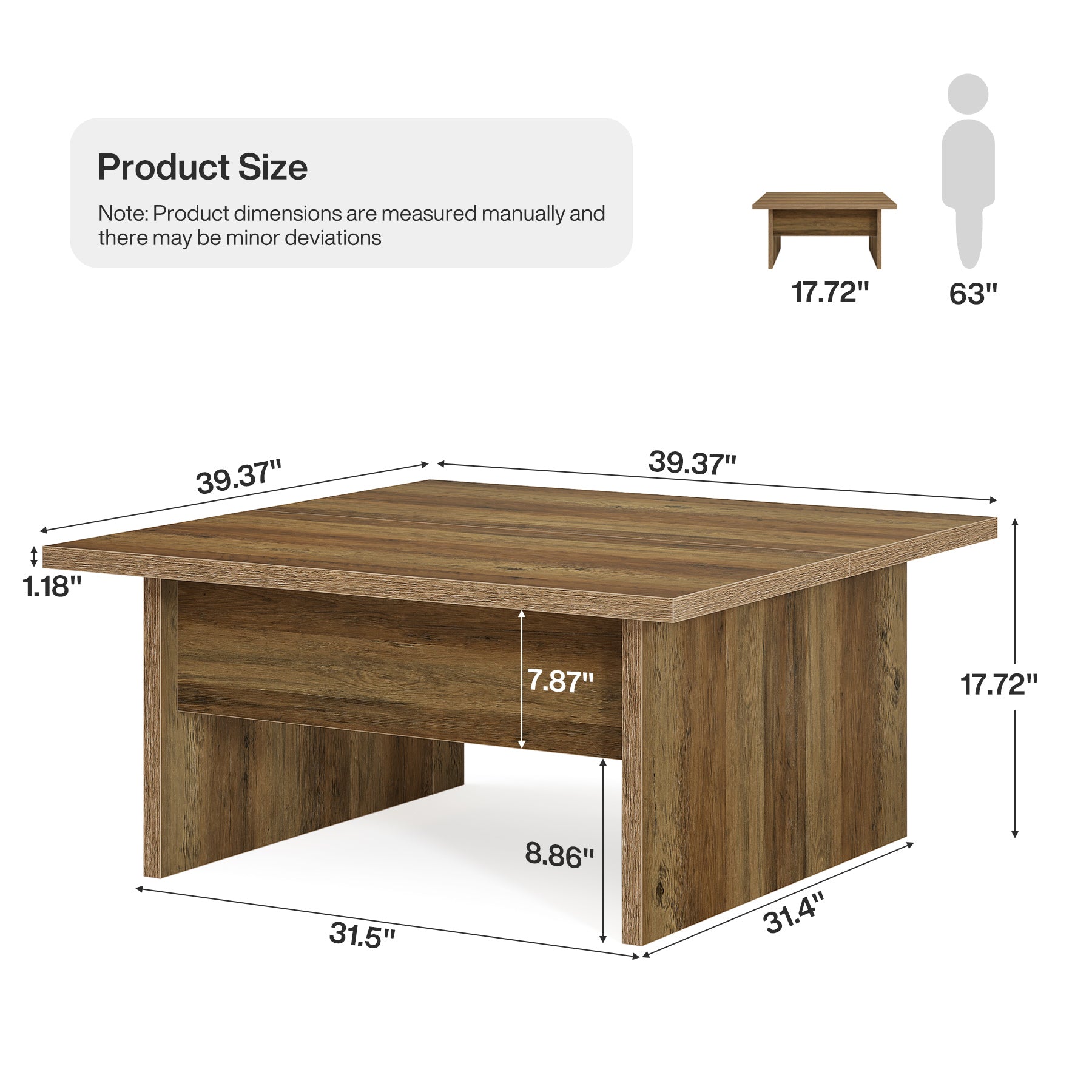 39.4" Square Coffee Table, Farmhouse Cocktail Tea Center Table for Living Room
