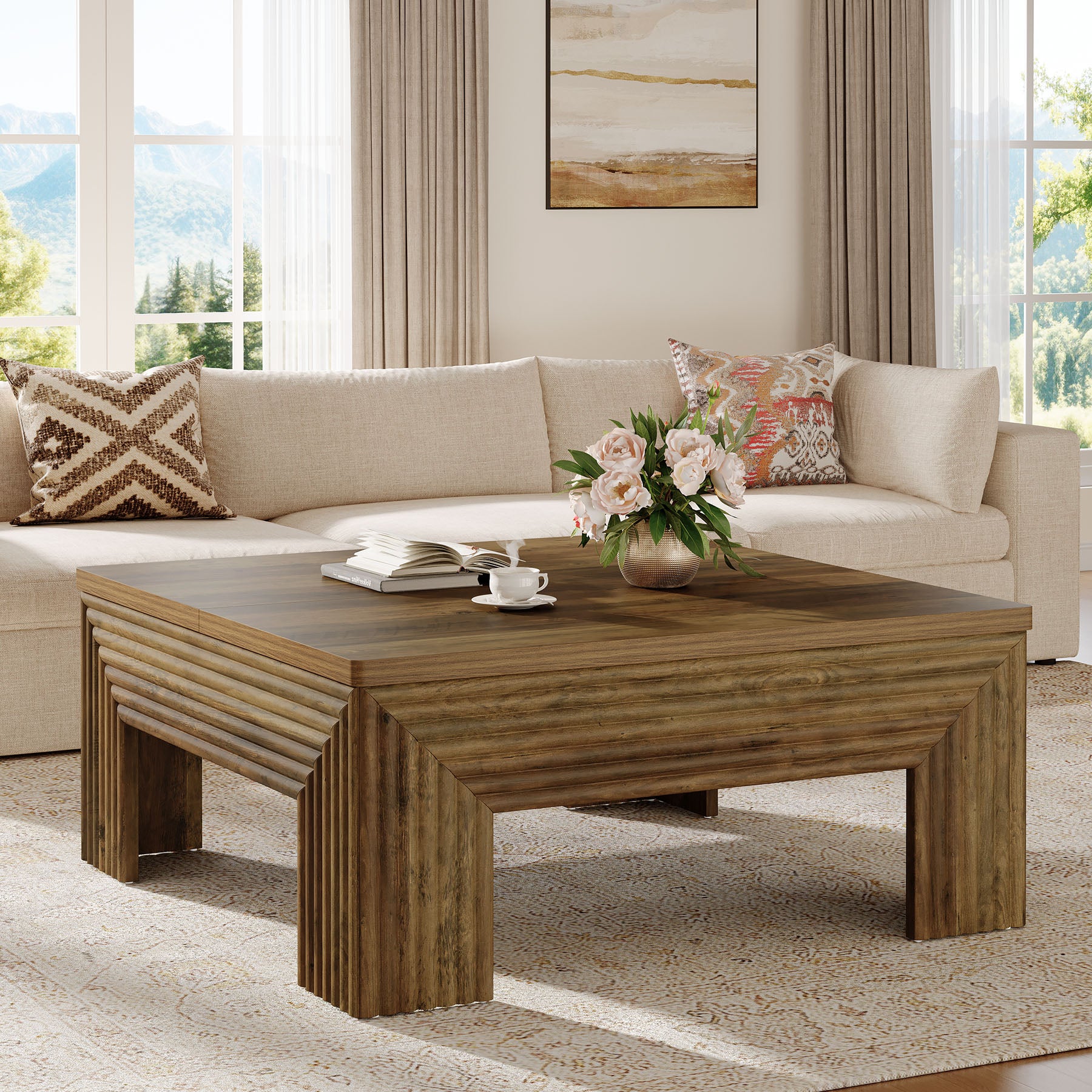 39.4" Square Coffee Table, Wooden Center Table with Unique Fluted Legs
