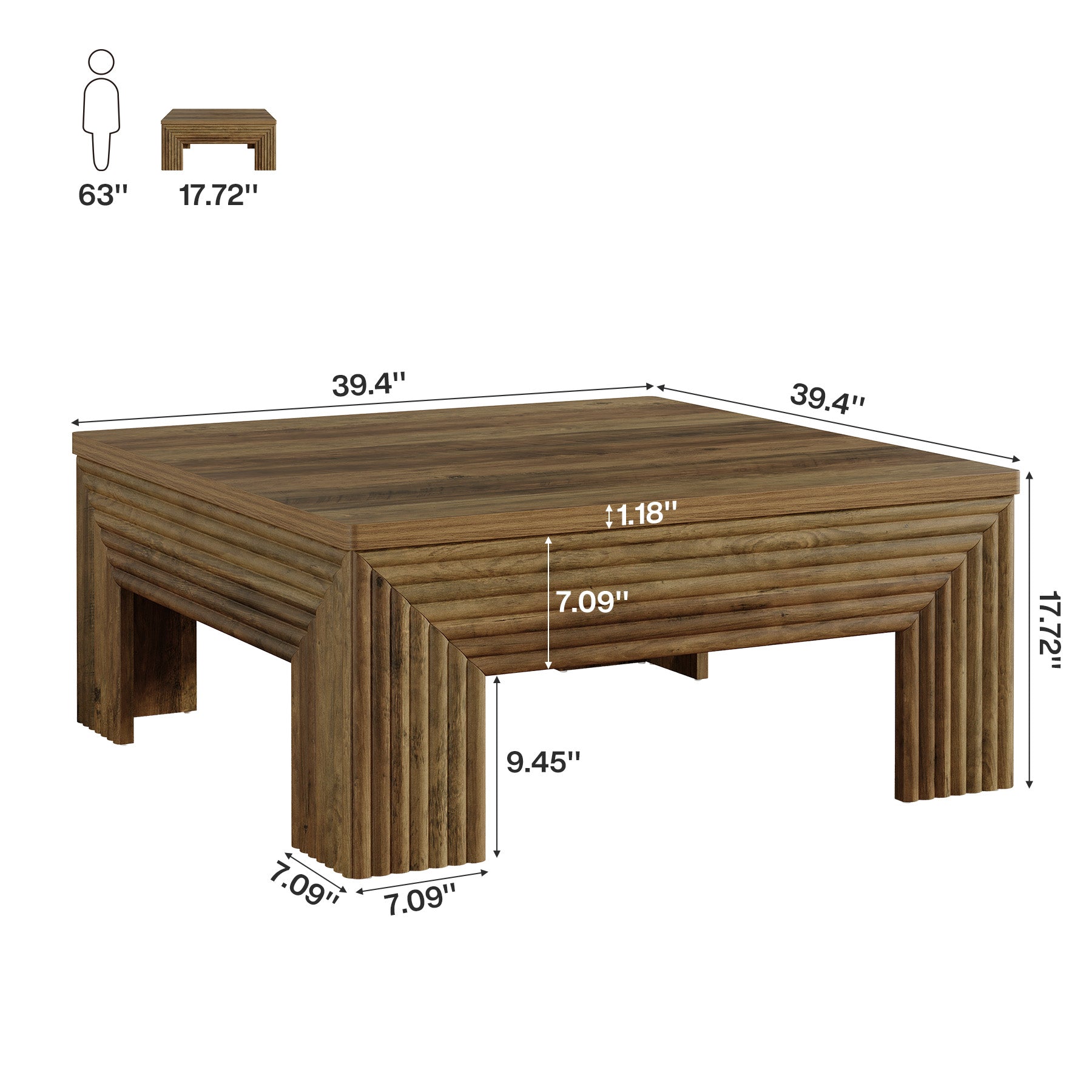 39.4" Square Coffee Table, Wooden Center Table with Unique Fluted Legs