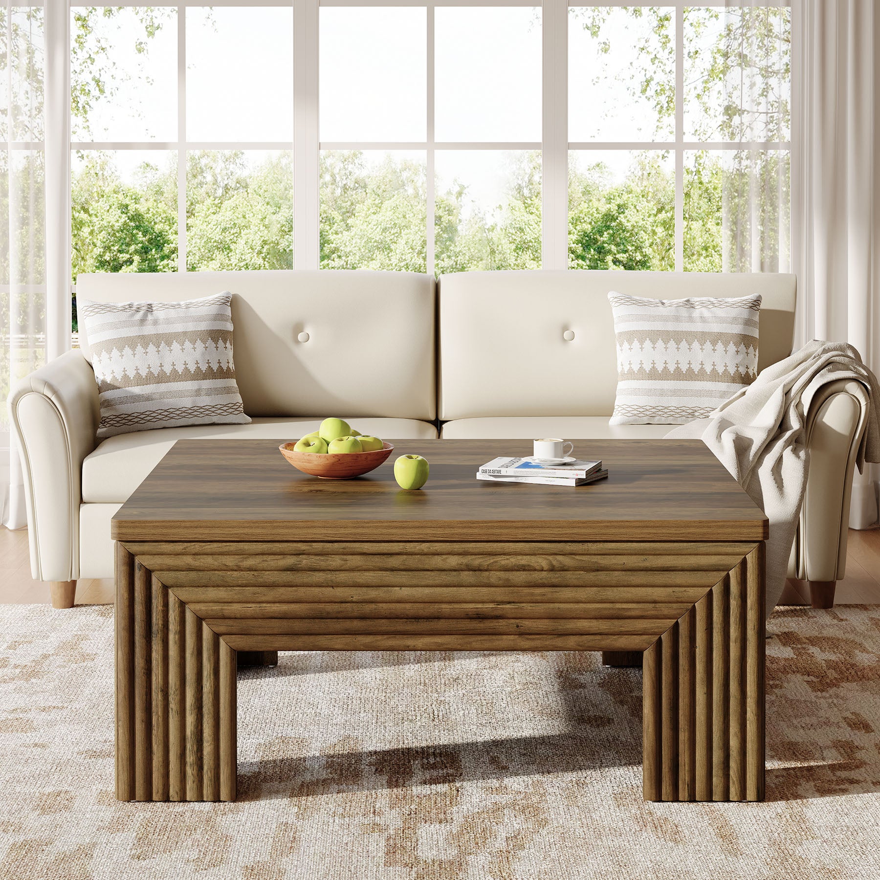 39.4" Square Coffee Table, Wooden Center Table with Unique Fluted Legs