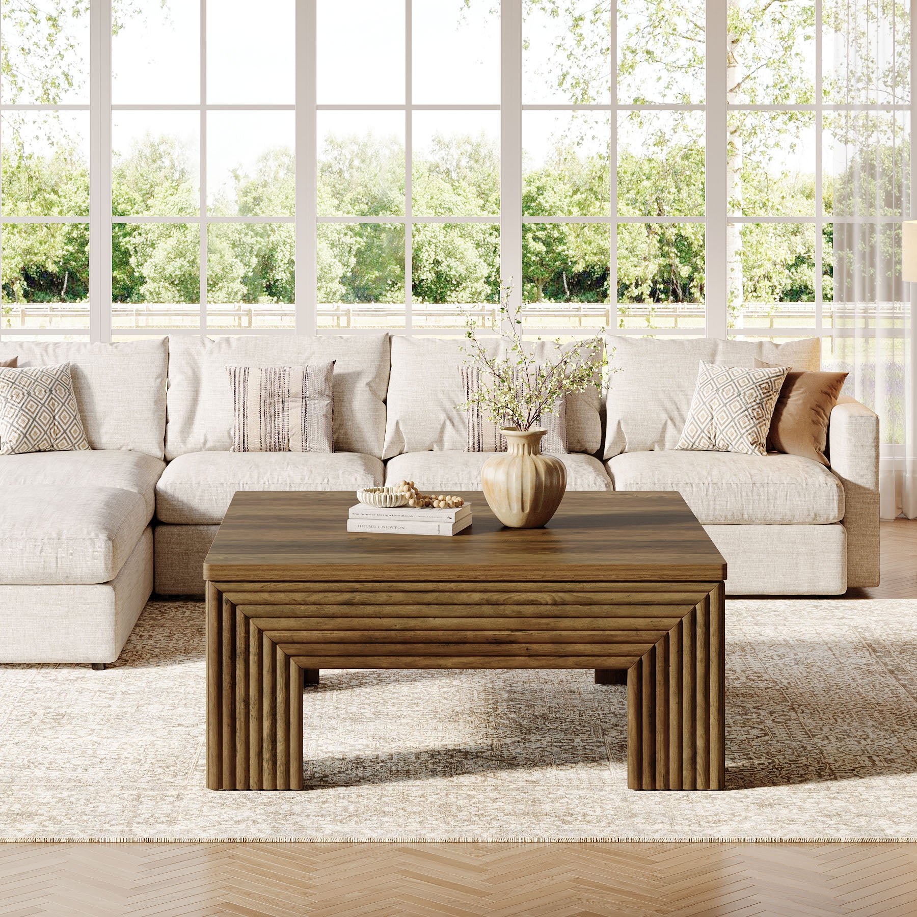 39.4" Square Coffee Table, Wooden Center Table with Unique Fluted Legs