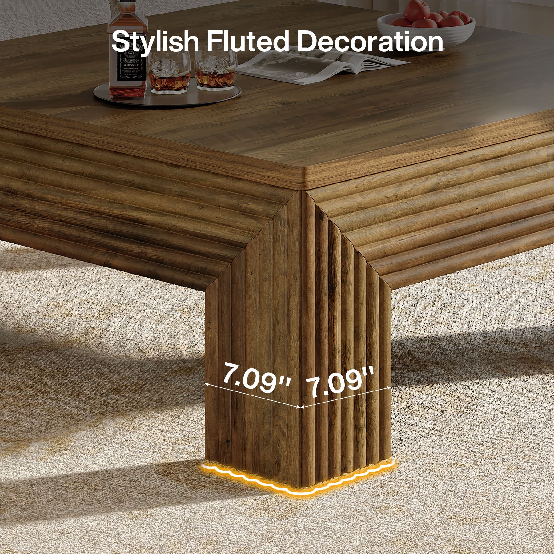 39.4" Square Coffee Table, Wooden Center Table with Unique Fluted Legs