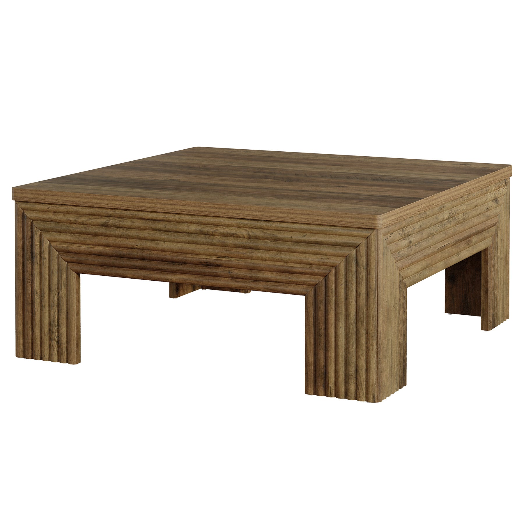 39.4" Square Coffee Table, Wooden Center Table with Unique Fluted Legs