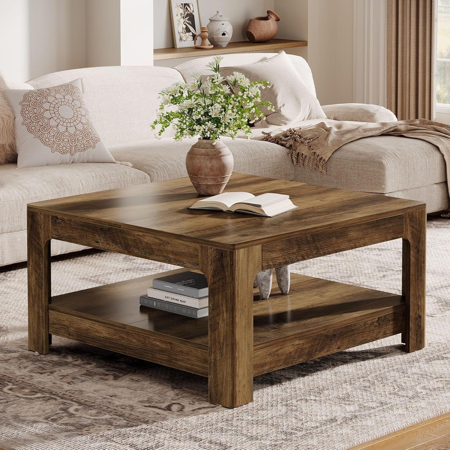 39.4" Square Coffee Table, Wooden Center Tea Accent Table with 2-Tier Storage