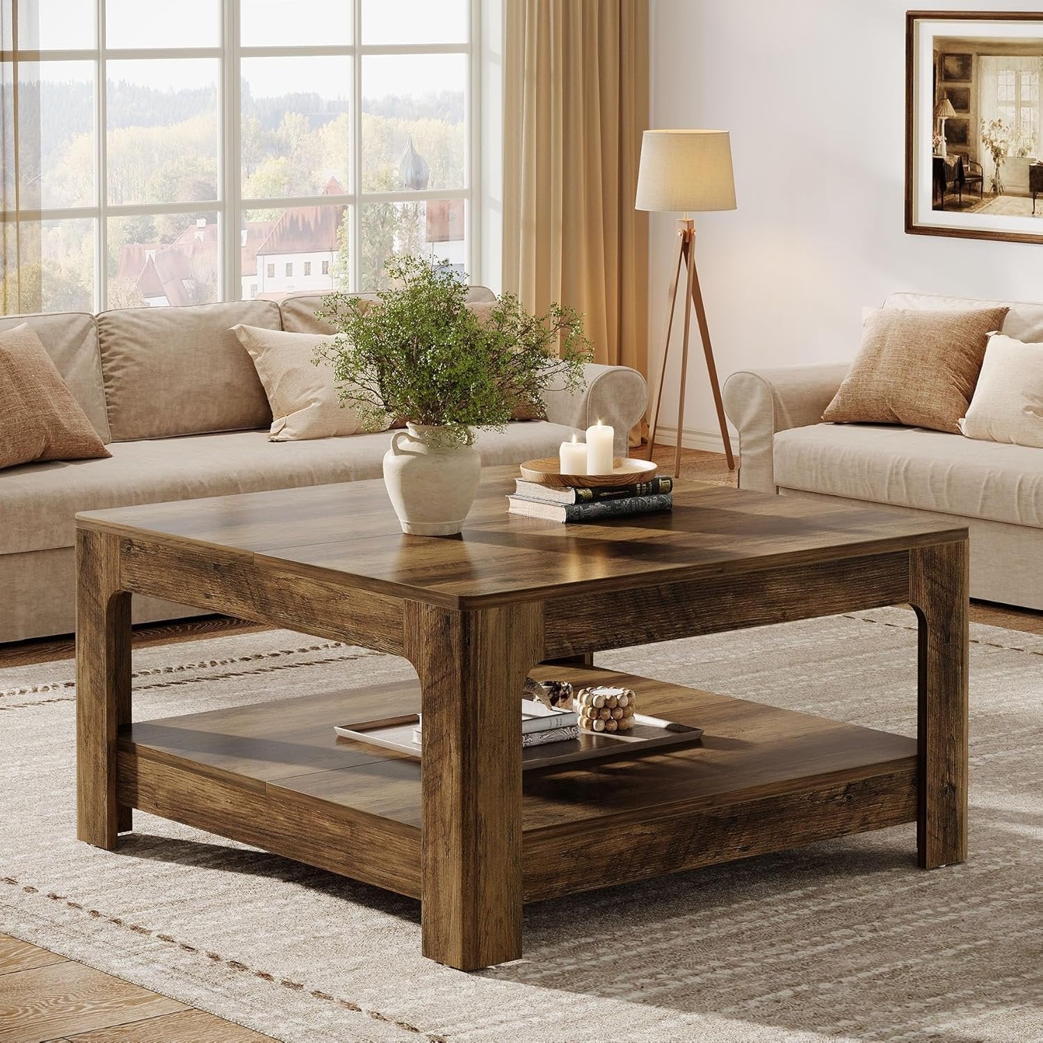 39.4" Square Coffee Table, Wooden Center Tea Accent Table with 2-Tier Storage