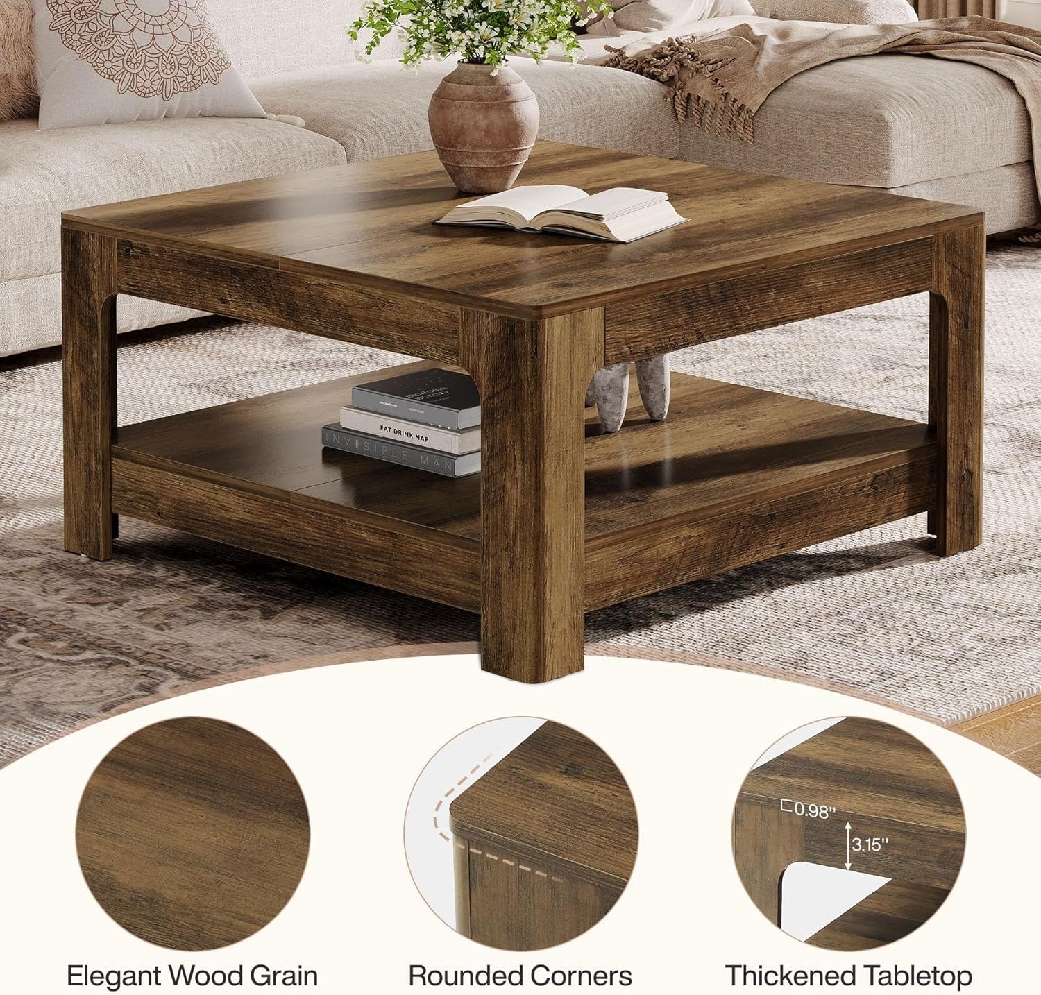 39.4" Square Coffee Table, Wooden Center Tea Accent Table with 2-Tier Storage