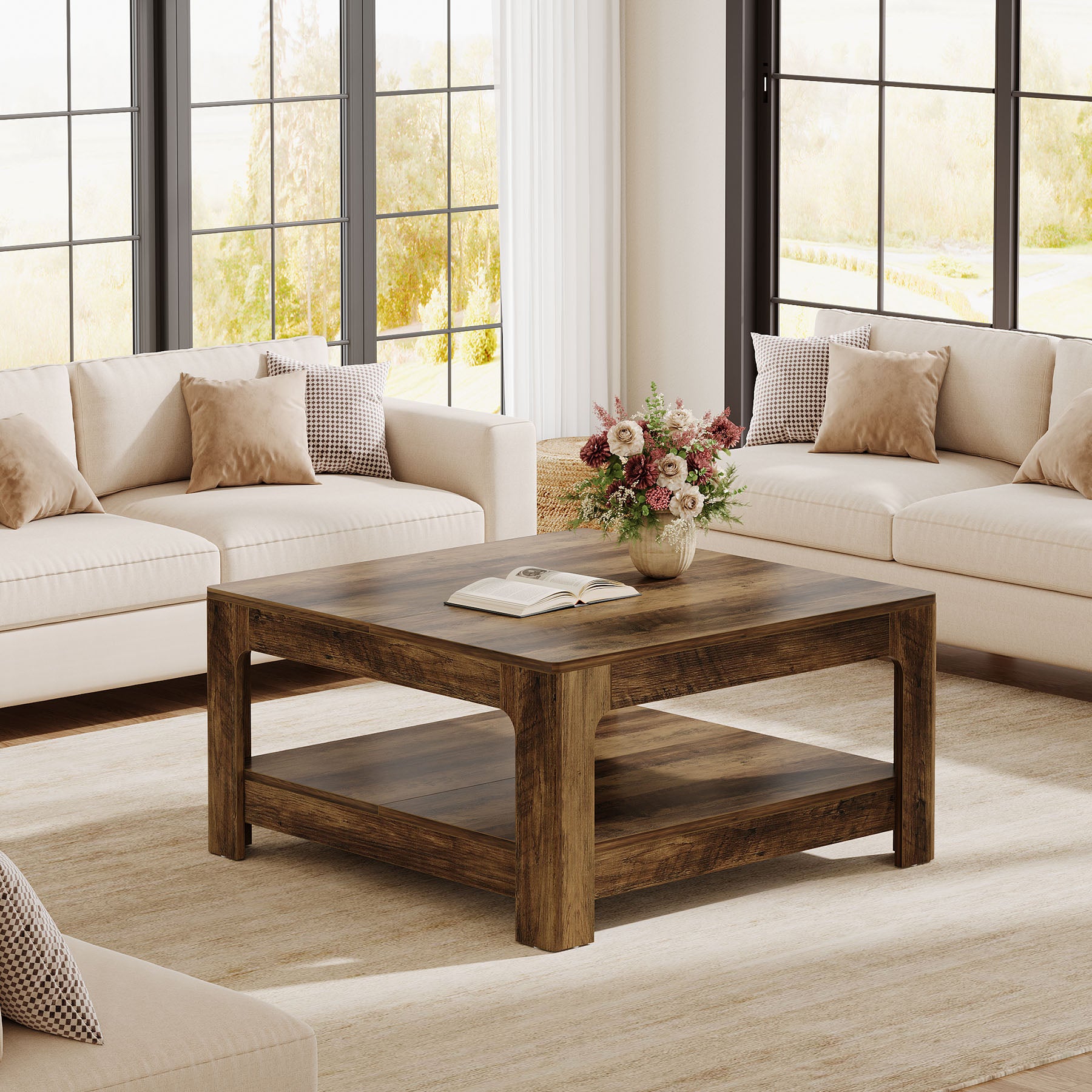 39.4" Square Coffee Table, Wooden Center Tea Accent Table with 2-Tier Storage