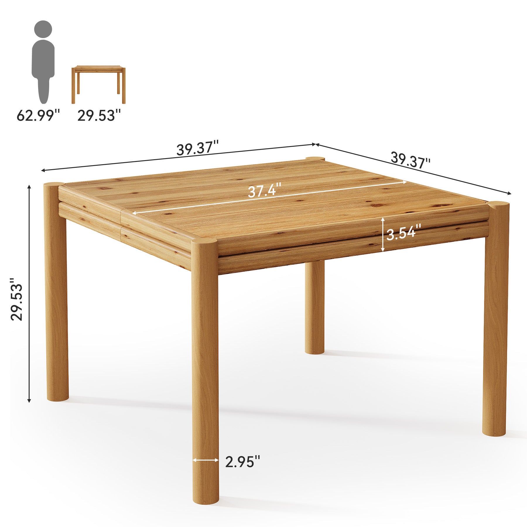 39.4" Square Dining Table, Farmhouse Solid Wood Kitchen Table 4 People