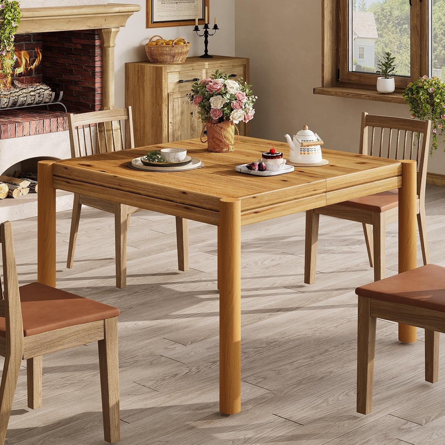 39.4" Square Dining Table, Farmhouse Solid Wood Kitchen Table 4 People