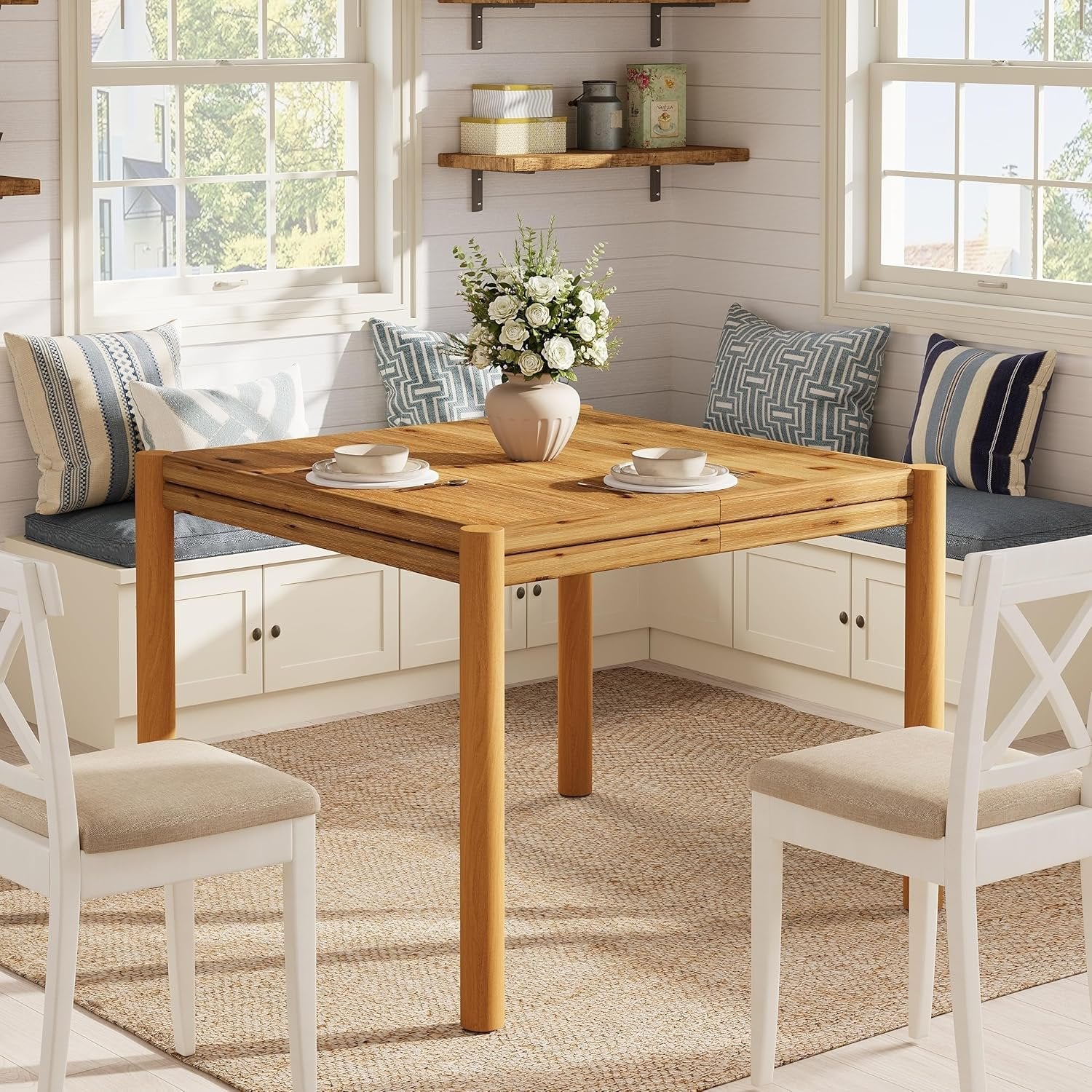 39.4" Square Dining Table, Farmhouse Solid Wood Kitchen Table 4 People