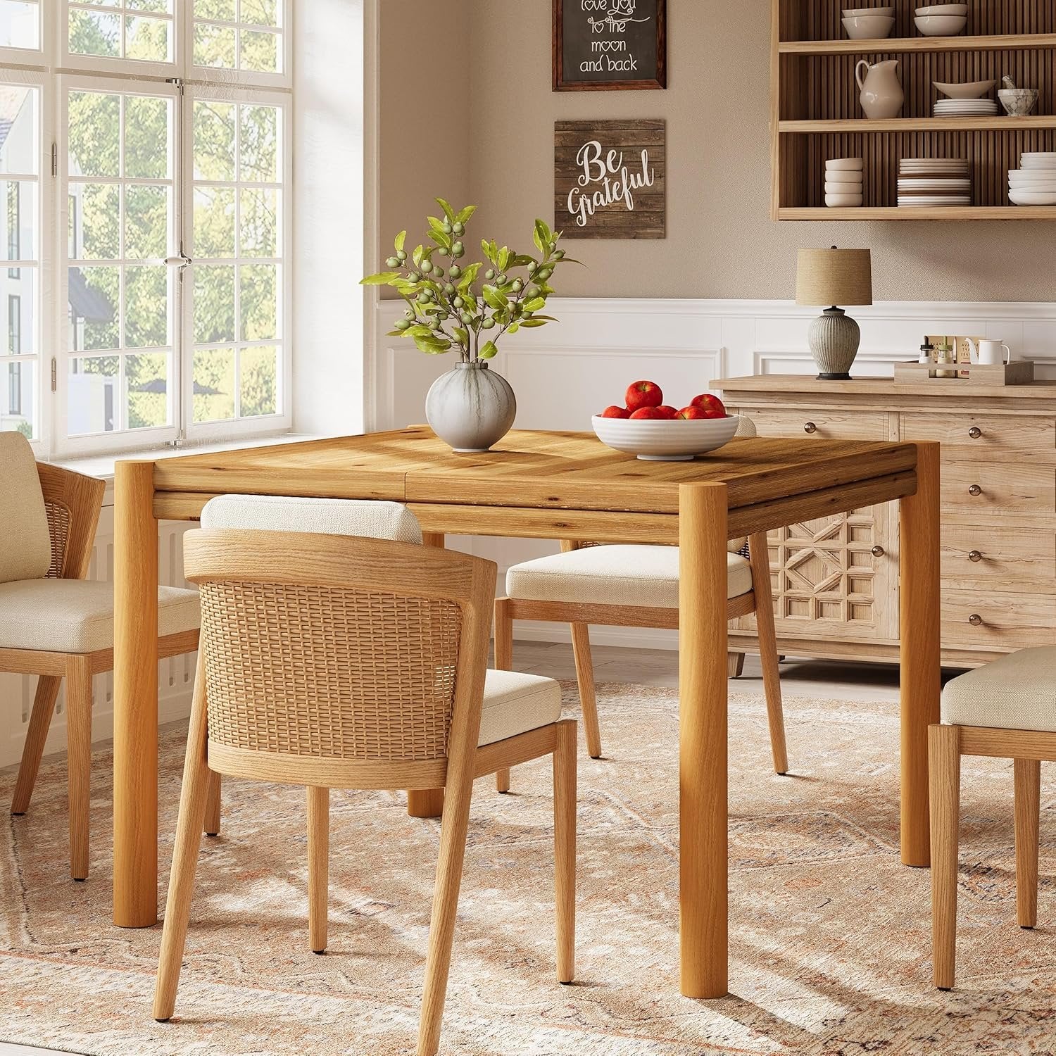 39.4" Square Dining Table, Farmhouse Solid Wood Kitchen Table 4 People