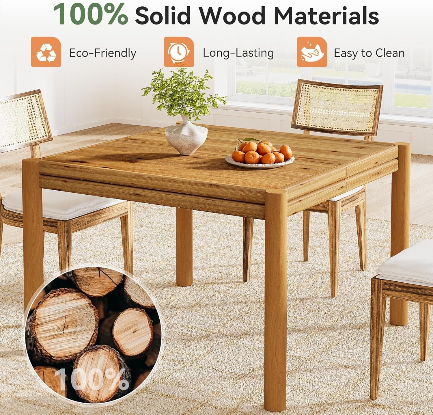 39.4" Square Dining Table, Farmhouse Solid Wood Kitchen Table 4 People